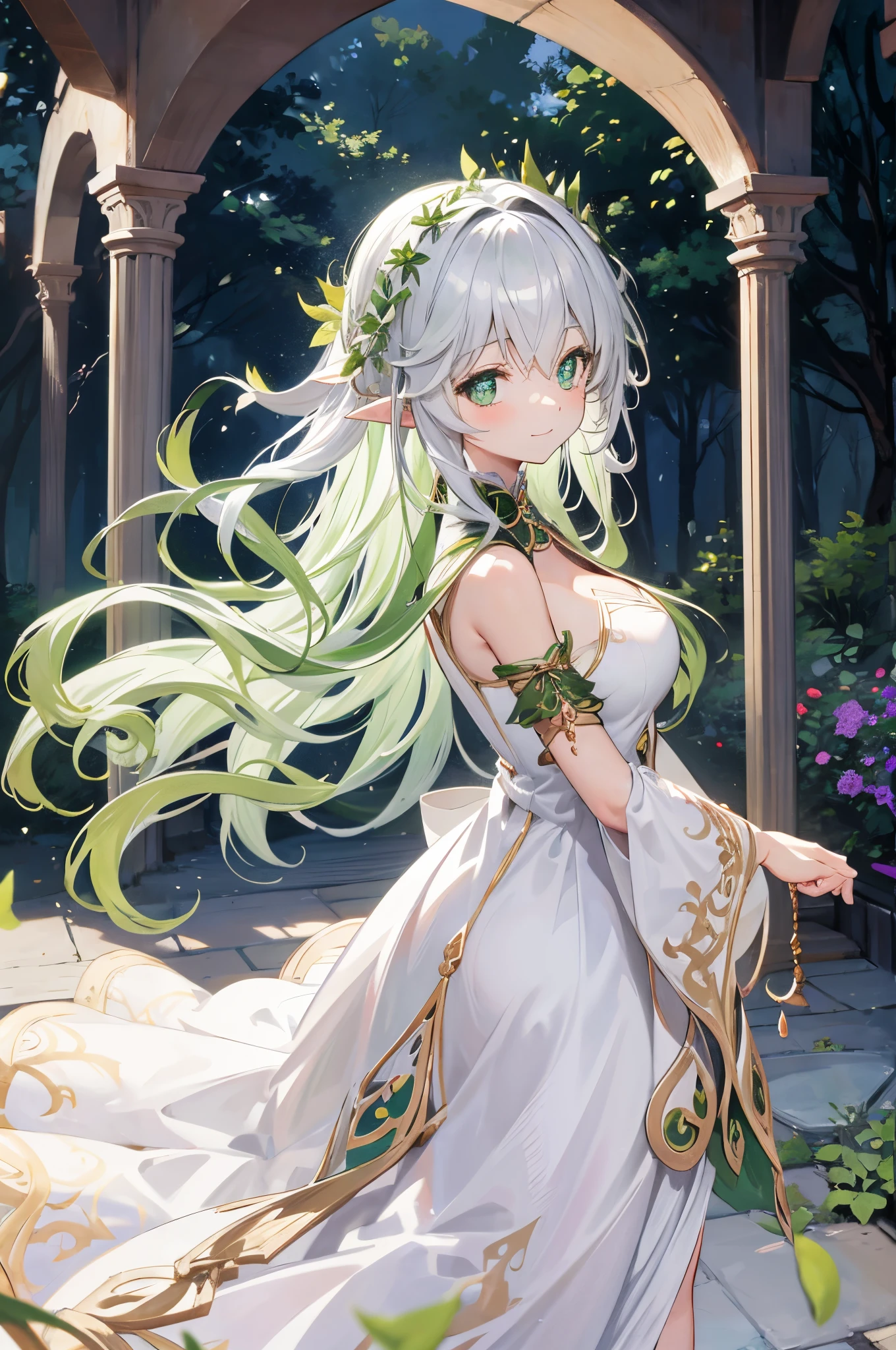 elvish、Looking at the camera、A smile、green fluffy long hair、Hair in the wind、Colossal tits、cleavage、White Princess Dresses、Curtsey、in woods、lots of overgrown plants、