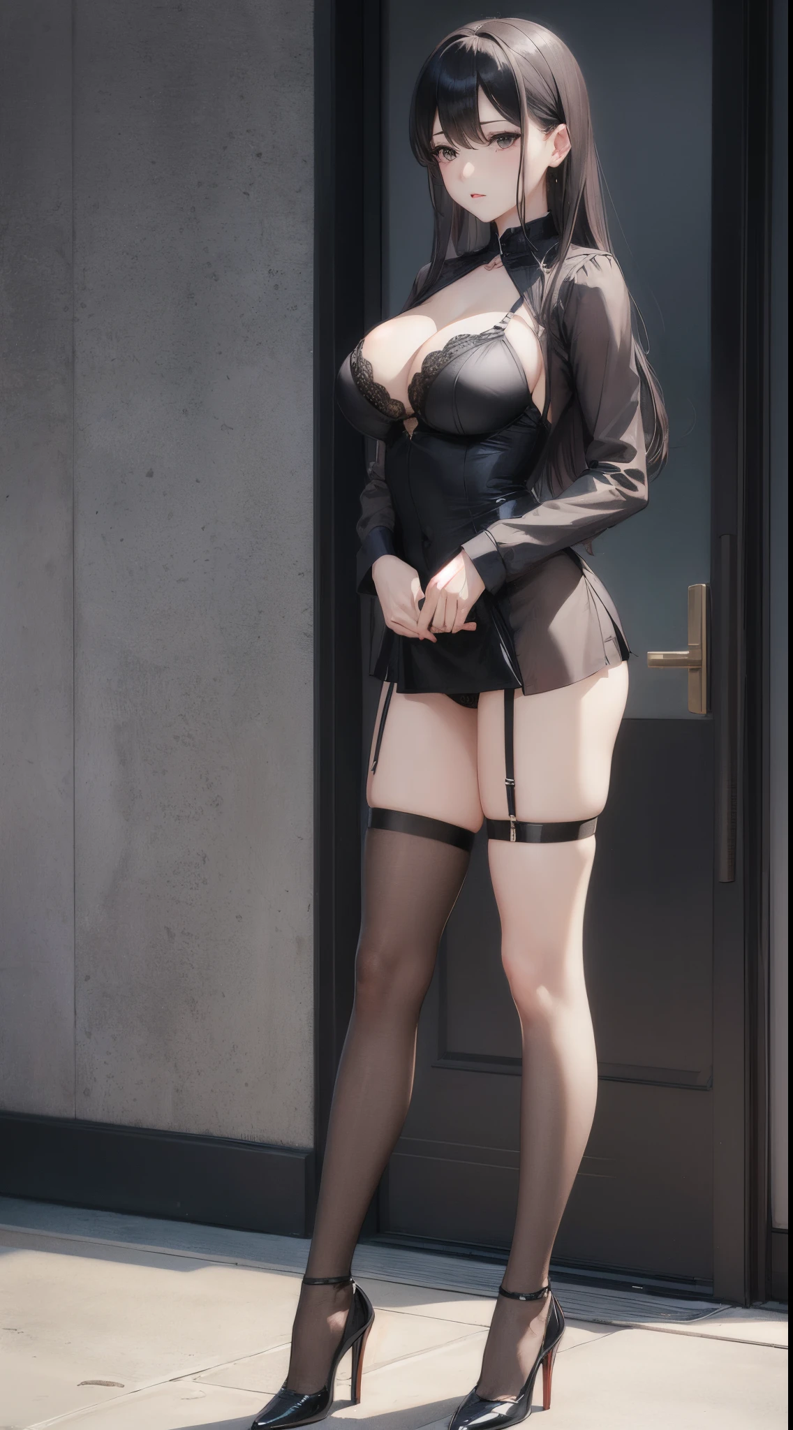 woman。Stand still and wear sexy lingerie。a look of shame。Black stockings beautiful legs。