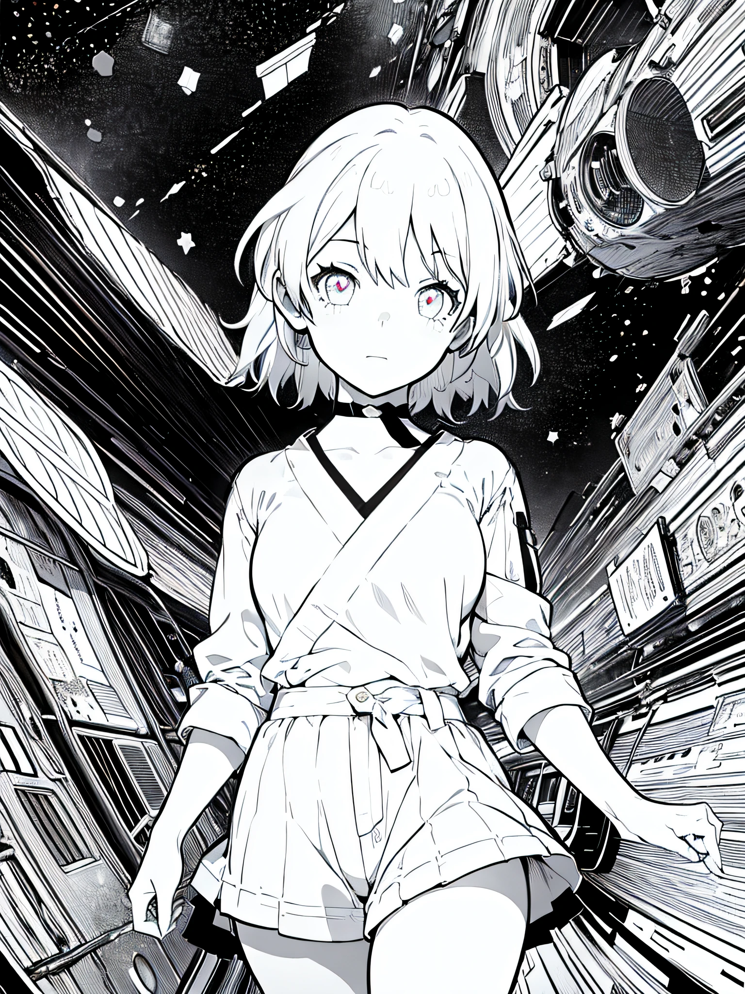 black and white manga style, Highly Detailed, Masterpiece, Hyper detailed, Illustration, (1 girl, 18 years old japanese woman figure), (march 7), in the space station, cinematic shot, ((manga, manga style, black and white))