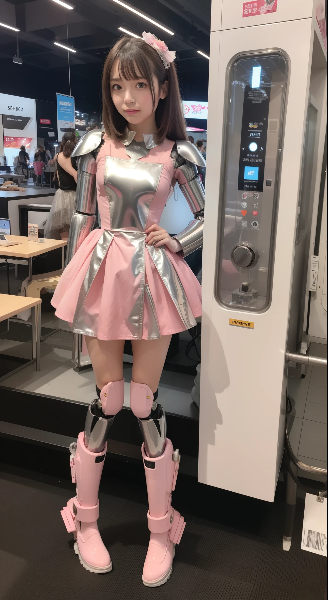 Robot Girl, pink, Silver, Metallic body, Robot Parts, Metal Parts, Super Detailed Face, Super well-formed face, of the highest quality, a small face, a small head, Brown hair, Slender body, Camera gaze, Internal Mechanical Exposure, Idol, front facing, Well-proportioned body, sale, Exhibited, Event Hall, Moe Pose, pink metallic ta dress machine armor, Standing with legs open, Model body type, sad, Embarrassing,(Perfect Robot Girl),(Perfect machine body)