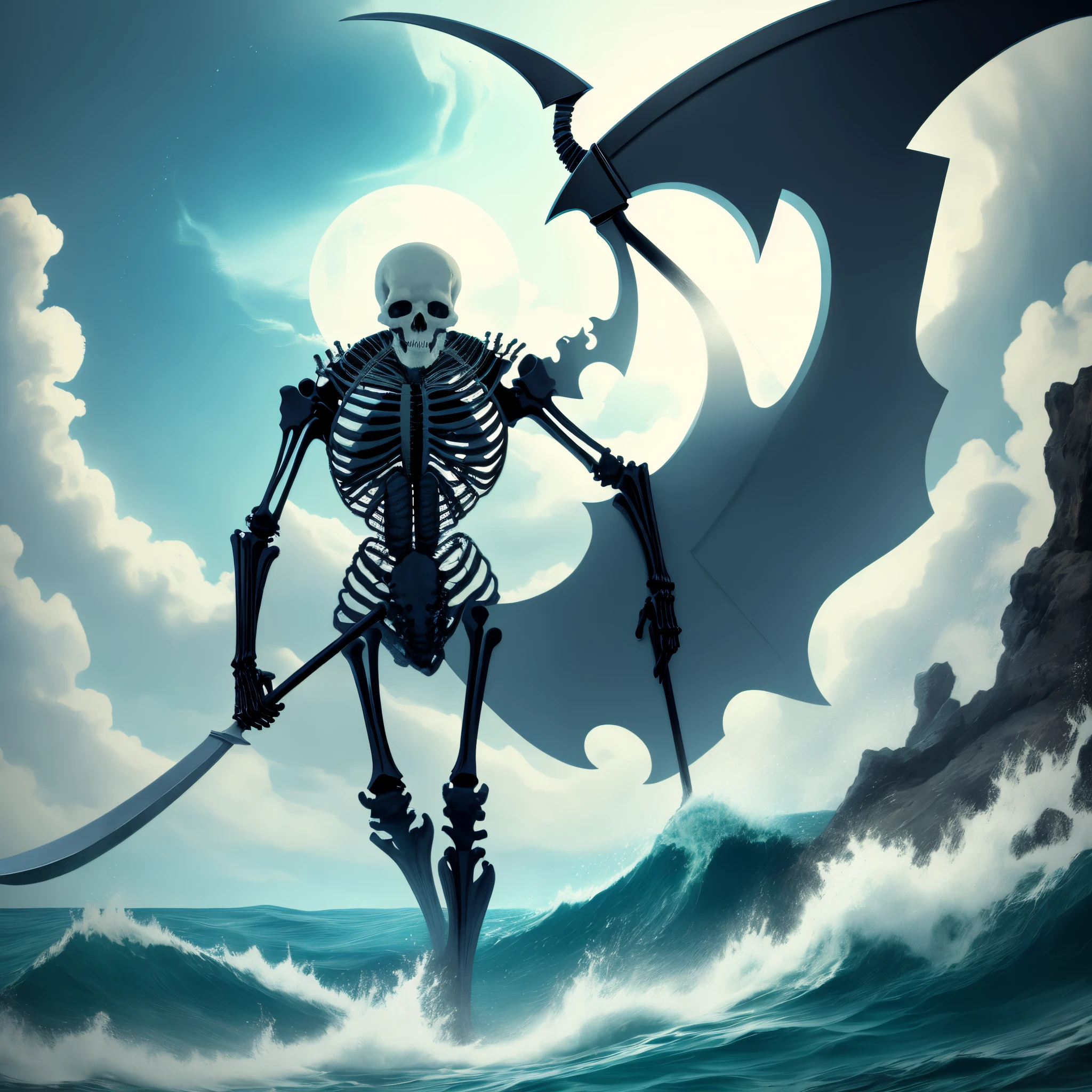 Large skeletal figure wielding a scythe and floating oflver a sea of magma