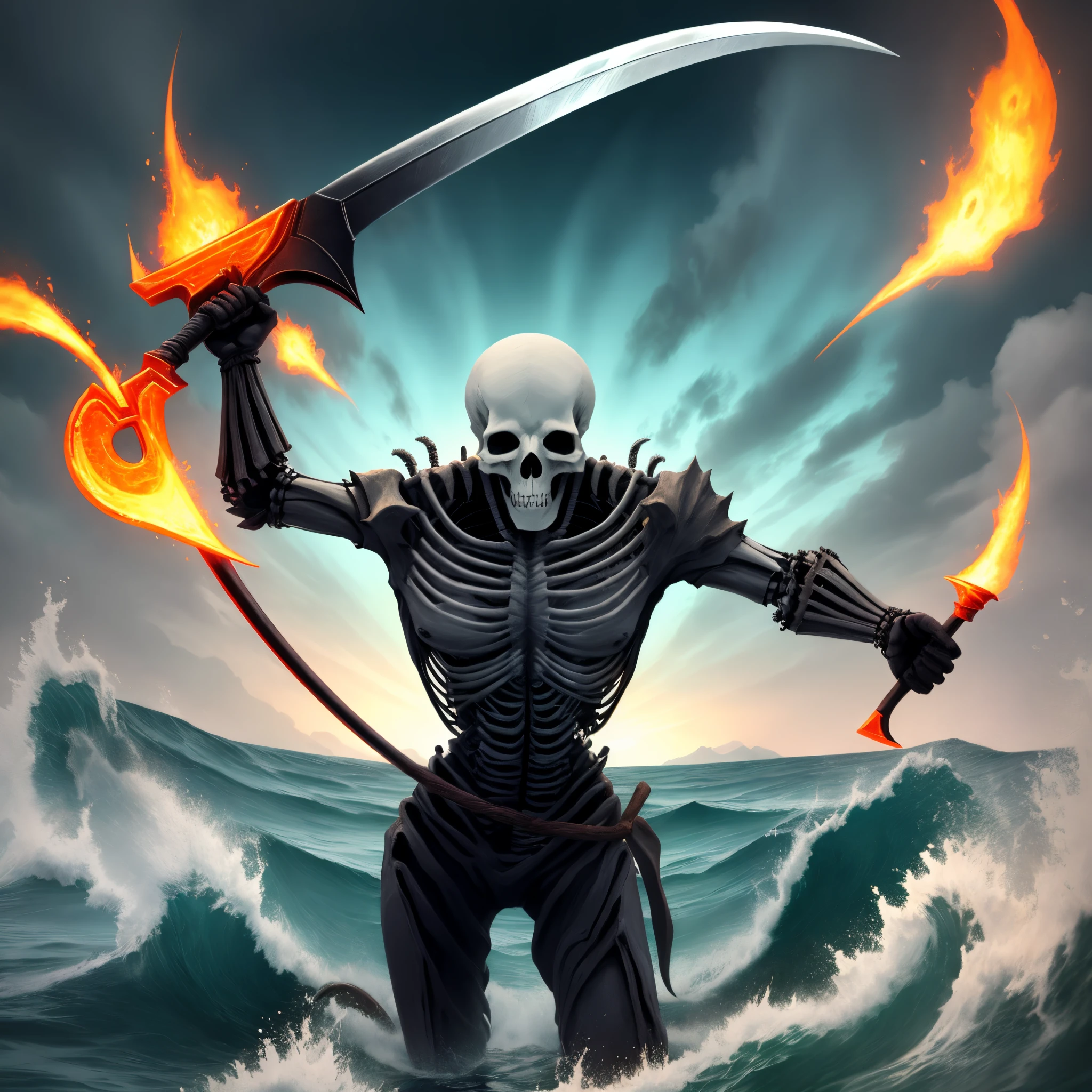 Large skeletal figure wielding a scythe and floating oflver a sea of magma