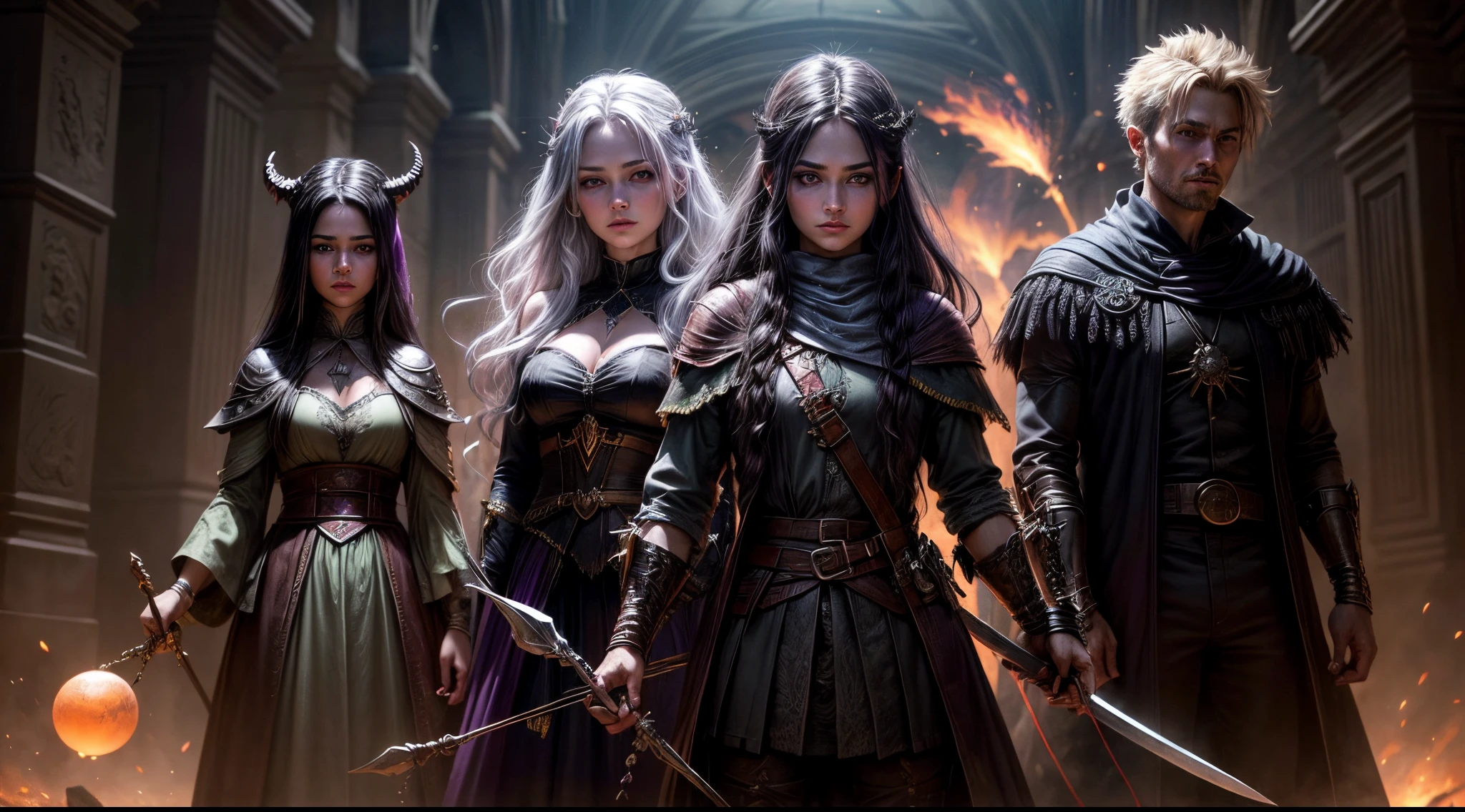 7 pessoas aparecem na imagem, uma princesa de 25 anos com olhos verdes esmeralda e cabelos pretos, um feiticeiro de 30 anos bonito e charmoso de 30 anos, a 40 year old warrior with a silver sword in his hands, a 25 year old witch with dark lilac eyes with a luminous crystal ball in her hands, a 27 year old hunter with a bow and arrows in his hands, In the background, an ancient dragon with its head held high, releasing fireworks from its mouth and a 50-year-old necromancer holding a skull in his hands with capes on his head like the evil villain.