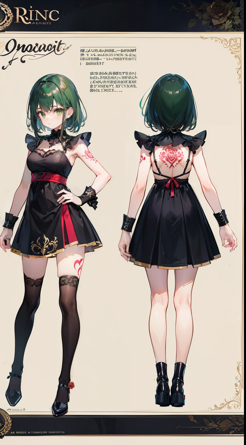 ((top-quality)))ung girl, character sheets, concept-art, full body Esbian, (masterpiece:1.2), (Top image quality:1.3), 1girl in, is standing, Loose medium hair, A sexy, black rose underwear style costume, Obscene tattoos, Big,Black Knee High Socks,(Beige hair), Green eyes