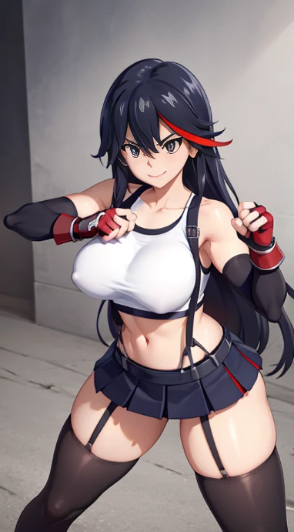 best quality, ultra-detailed, high resolution, extremely detailed CG, unity 8k wallpaper, super detailed skin, detailed, dynamic lighting, beautiful detailed eyes, kill la kill, ryuko matoi, defTifa, red crop top, elbow pad, fingerless gloves, suspenders, very short pleated miniskirt, red boots, bar counter, showing panties, dynamic pose, grey eyes, serious, smile, fighting stance, sparring,