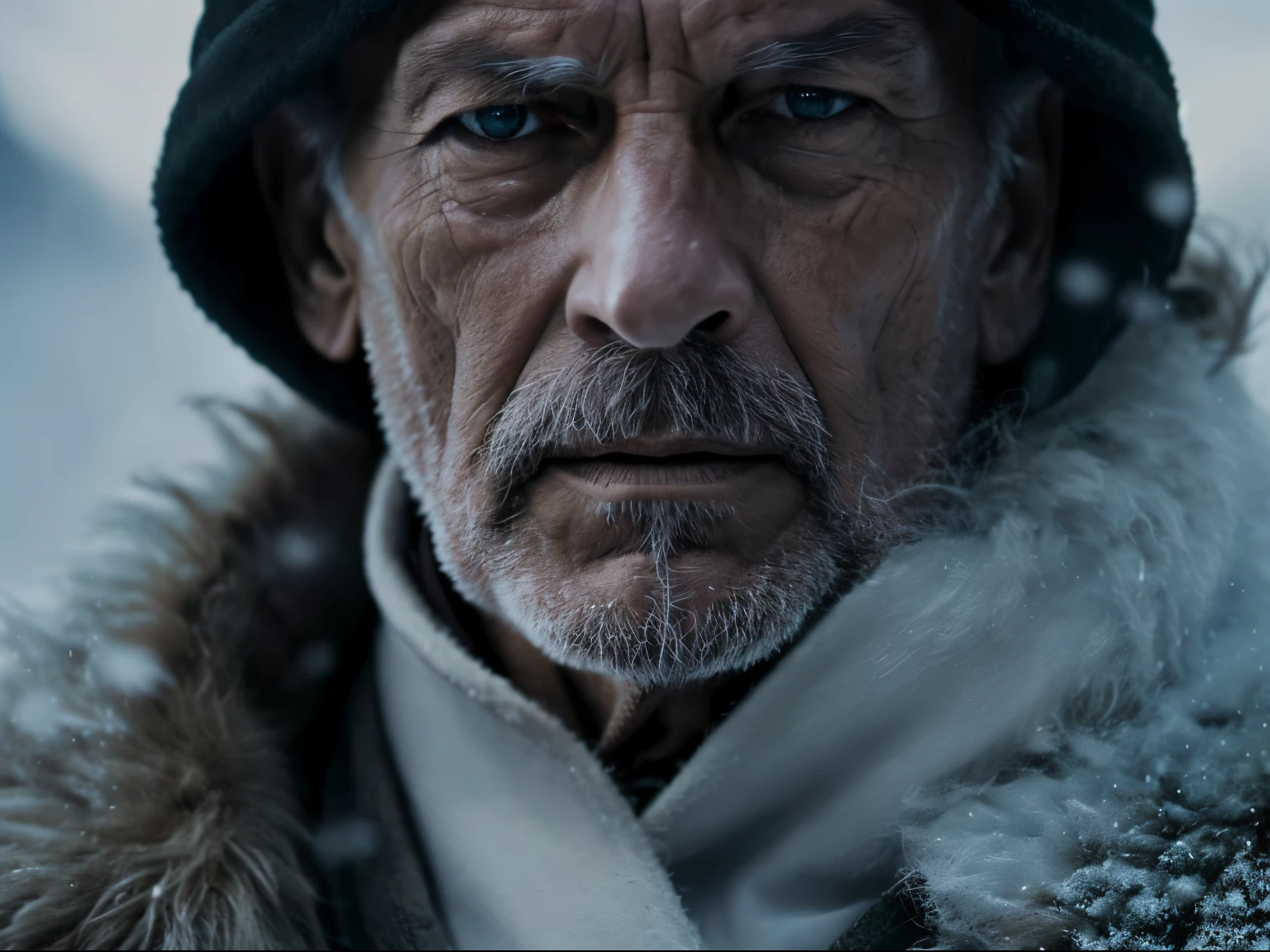 8k ultra-detailed, (best quality:1.3), cinematic shot, masterpiece, (sharp focus:1.5), (photorealistic:1.3), portrait, snow cold ambience, Gandhi look-alike warrior, fur clothes, sharp eyes, determined