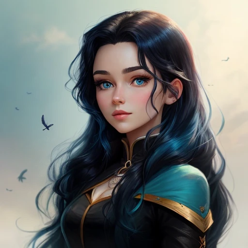 beautiful animated disney woman with long black hair with blue hair underneath, and blue eyes