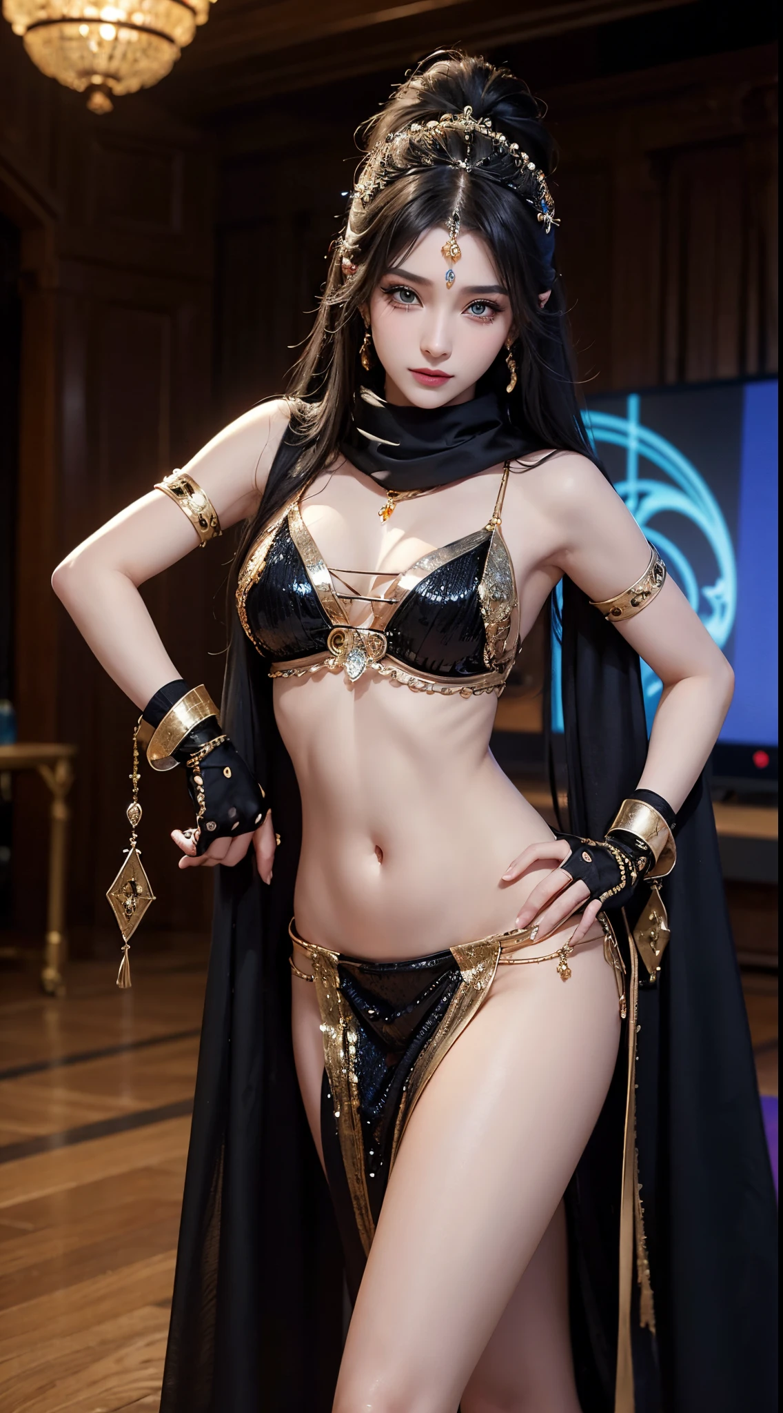 belly dancer、About 20 years old、1 female、Costumes based on matte black、I am wearing a scarf that only shows my eyes.、beautiful sequins、cabelos preto e longos、Beautiful face、A detailed face、Beautiful woman with well-formed eyes and nose、beauty dancer、slenderbody、Extraordinary beauty、Sexy costume、Belly Dance Costumes、belly dance bar、Detailed eyes、realisticeyes、Beautiful makeup、8k picture、An ultra - realstic face、super realistic costume、An ultra-high picture quality、