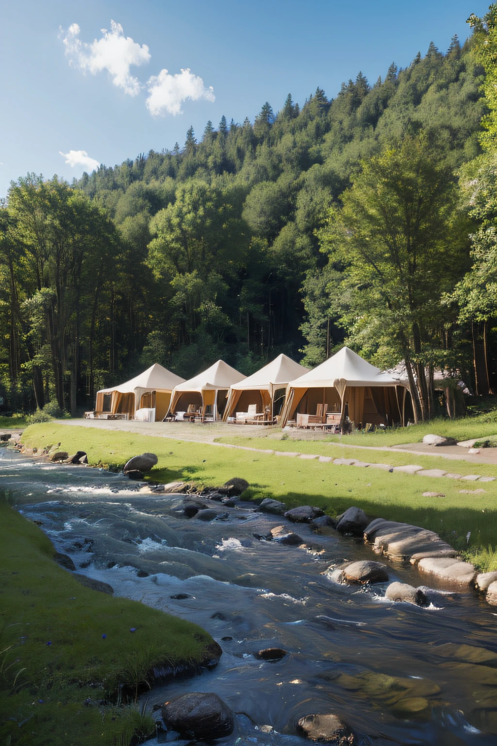 Draw a tent resort hotel，beside a river，in woods，