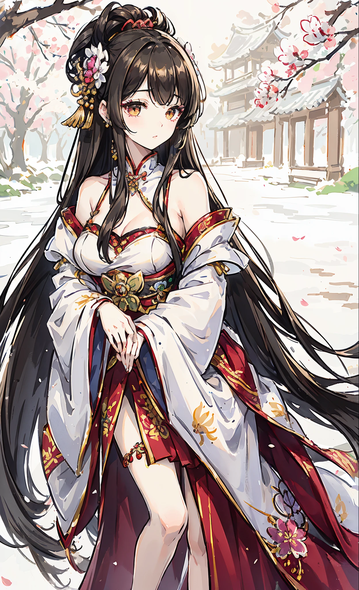 (tmasterpiece:1.2),Atdan, 1 plump girl, Alone, Branch, blossom flower, jewely, a skirt, ear nipple ring, that tree, through bangs, Long gray hair, hair adornments, view the viewer, Chinese clothes, black hair color hair, hairflower, Brown hair, exposed bare shoulders, Very long hair, Wide sleeves, longer sleeves