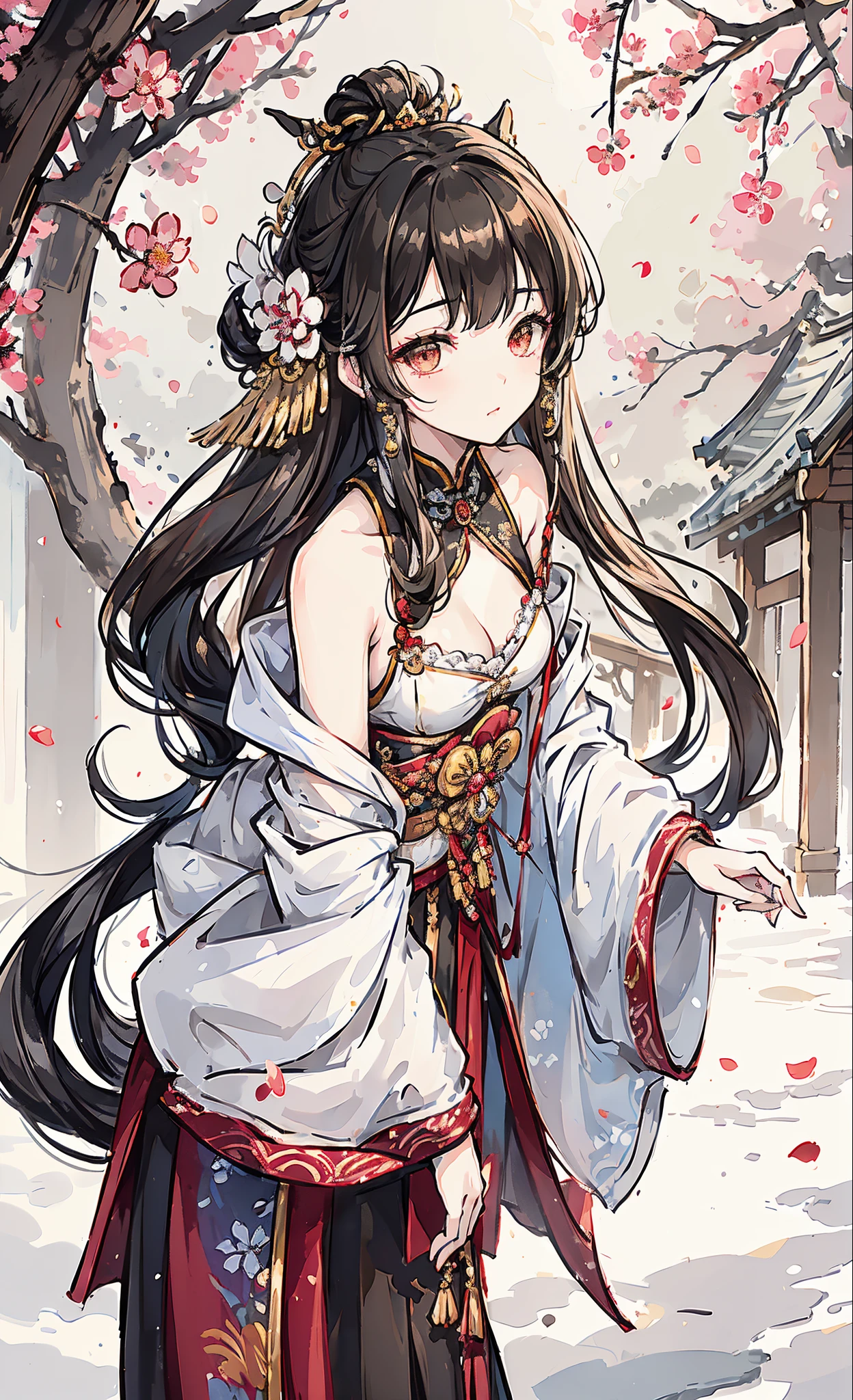 (tmasterpiece:1.2),Atdan, 1 plump girl, Alone, Branch, flowers blooming, jewely, a skirt, ear nipple ring, Chinese garden background, through bangs, Long gray hair, hair adornments, view the viewer, Chinese clothes, black hair color hair, hairflower, Brown hair, exposed bare shoulders, Very long hair, Wide sleeves, longer sleeves