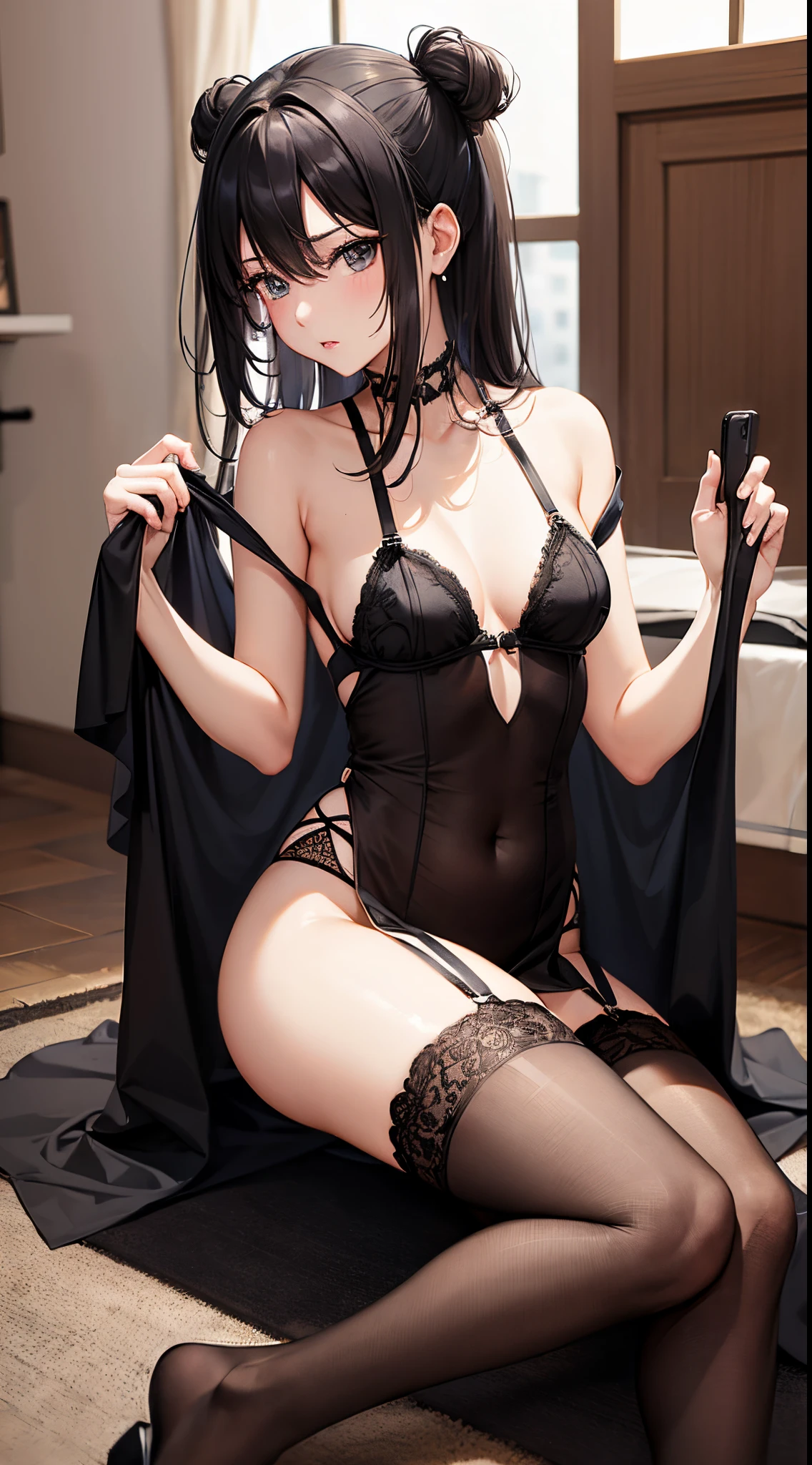 woman。Hold it。Wear  lingerie。a look of shame。Black stockings beautiful legs