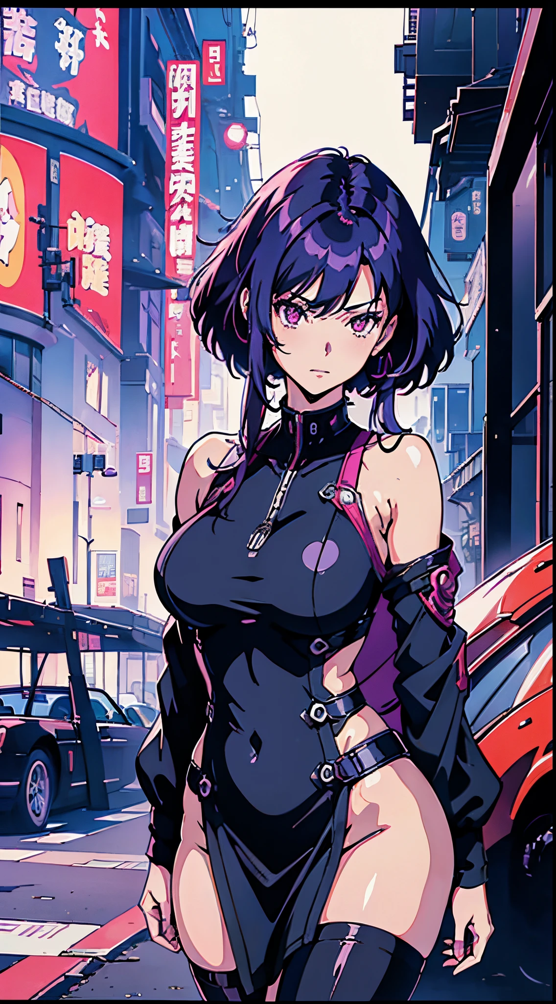 kusanagi motoko, Purple colored hair, red eyes,Anime style woman wearing black tights， anime《Fantasma na Concha》Curly, kusanagi, Misato Katsuragi, Inspired by Morikage Hisumi, anime, Fantasma na Concha, Ghost in the Shell style,seductive anime girls, Anime cute art style, smooth anime cg art, thicc, Anime girl wearing black dress, photorealistic anime girl rendering, ECCHI anime style, realistic anime 3D style, attractive anime girls, noire moody scene, [ 4K digital art ]!!