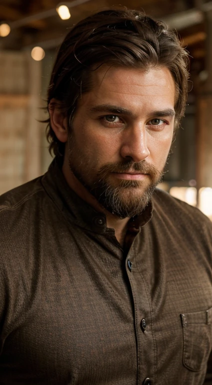 (best quality,4k,8k,High Resolutions,masterpiece:1.2),ultra detailed,(realistic,photorealistic,photorealistic:1.37),male,36 year old man,Detailed beard,piercing look at camera,beautiful eyes,Eyes expressive, natural sunlight, subtle shadows, strong jaw, intense look, dark hair, hat to protect against the sun, confident expression, reminiscent of the agribusiness man, full body appearance, rustic and elegant clothing, studio lighting, sharp focus, vivid colors, bokeh, portrait photography