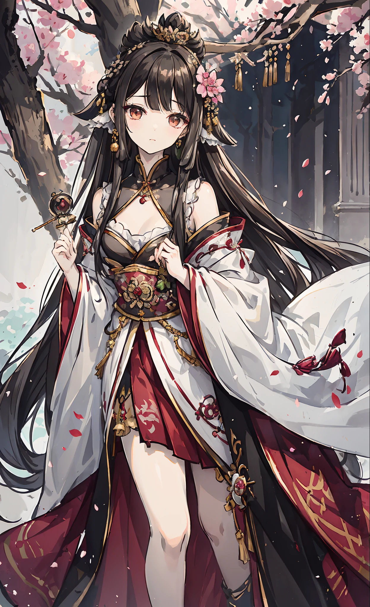 (tmasterpiece:1.2),Atdan, 1 plump girl, Alone, Branch, flowers blooming, jewely, a skirt, ear nipple ring, that tree, through bangs, Long gray hair, hair adornments, view the viewer, Chinese clothes, black hair color hair, hairflower, Brown hair, exposed bare shoulders, Very long hair, Wide sleeves, longer sleeves