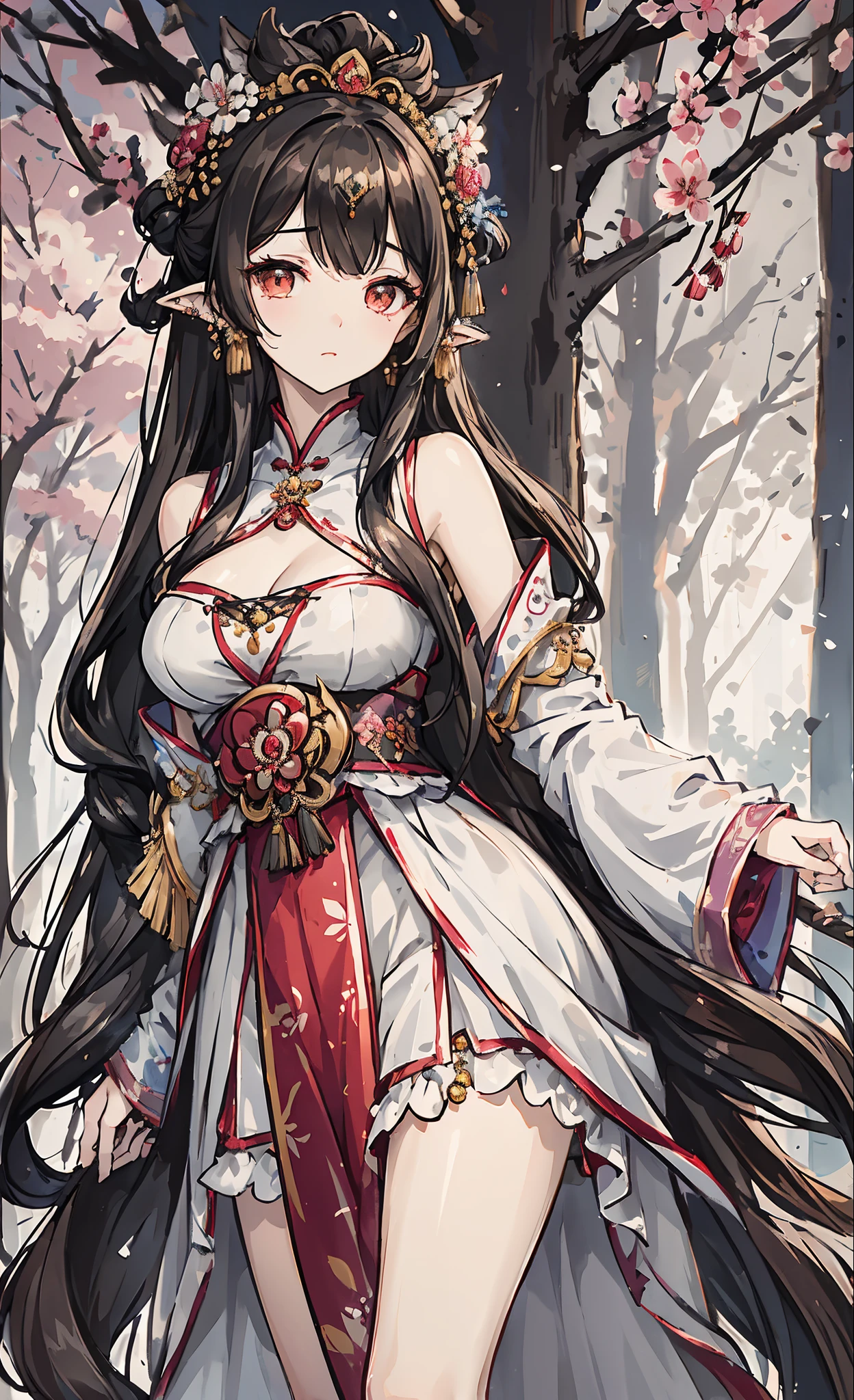 (tmasterpiece:1.2),Atdan, 1 plump girl, Alone, Branch, blooming flower, jewely, a skirt, ear nipple ring, that tree, through bangs, Long gray hair, hair adornments, view the viewer, Chinese clothes, black hair color hair, hairflower, Brown hair, exposed bare shoulders, Very long hair, Wide sleeves, longer sleeves