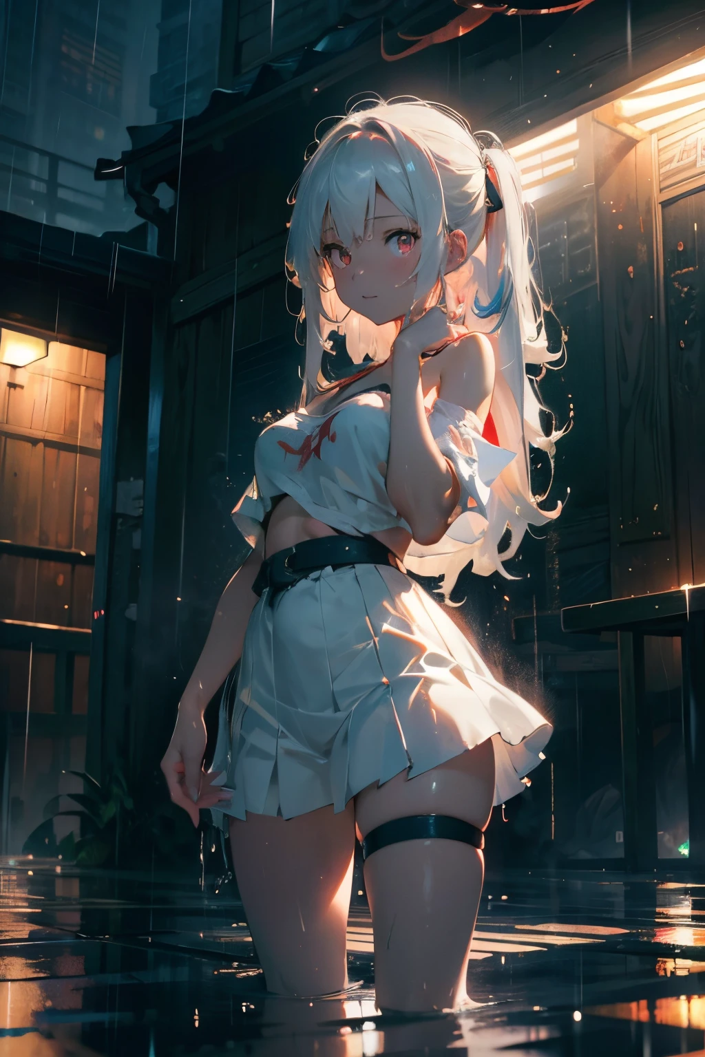 Realistic, Anime, 1girl in,Bangs, Twin-tailed, Long hair, Small breasts, off shoulders, White hair, rainbow hair, Oversized T-shirt, White T-shirt, Black bra, Bare legs, Thigh, cleavage, 鎖骨, (the Extremely Detailed CG Unity 8K Wallpapers, masutepiece, Best Quality, Ultra-detailed, Best Shadow), (masutepiece:1.2, Best Quality), Very red eyes, Sweat, Soft body, Cute, arm strap, Thigh strap, Multicolor eyes, Outside, outside of house, Sateen, Night, Wet cloth, Standing, Standing in the rain, Wet hair, Wet skin, see through, (Heavy rain), ruined buildings, Messy ground, Bullet shells on the ground, Dust, wounds, Walking, Jacket, tactical suit, Military equipment, (Night), White legwear, Wet thighs, ((lotion)), frontage(Wet), Dress, Skirt, , Happy, Happy expression, thighs thighs thighs thighs, From below, Horizon, \(arma\)