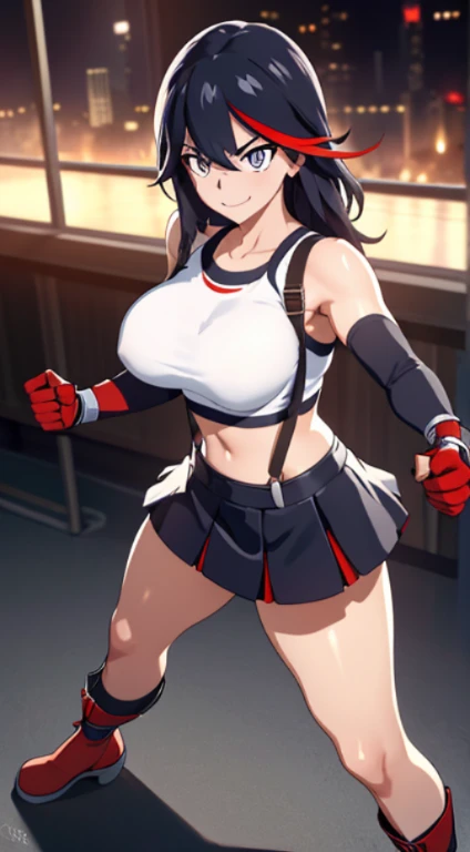 best quality, ultra-detailed, high resolution, extremely detailed CG, unity 8k wallpaper, super detailed skin, detailed, dynamic lighting, beautiful detailed eyes, kill la kill, ryuko matoi, defTifa, red crop top, elbow pad, fingerless gloves, suspenders, very short pleated miniskirt, red boots, bar counter, showing panties, dynamic pose, grey eyes, serious, smile, fighting stance, sparring,