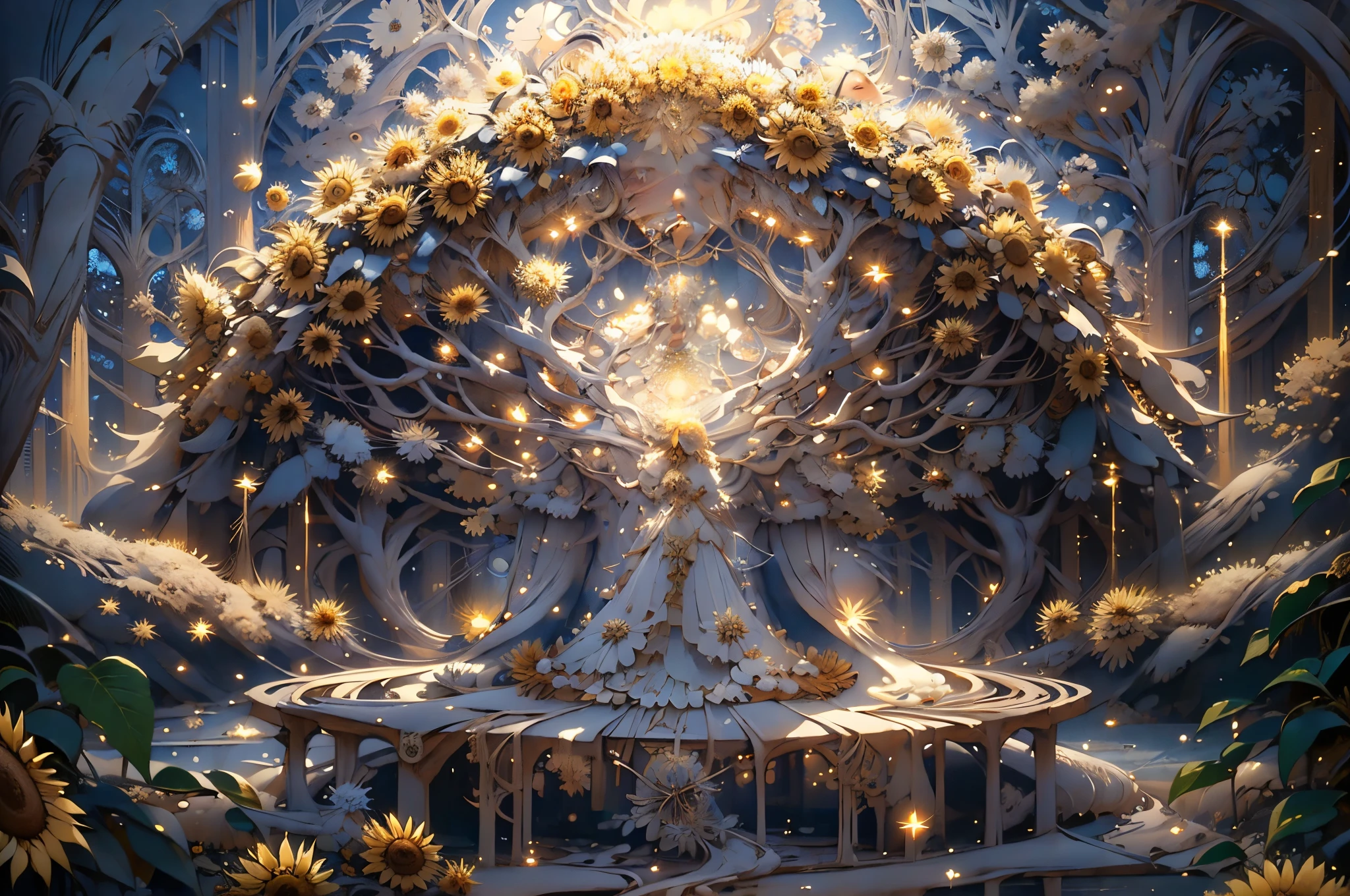 A woman wearing sheer gossamer stands under the towering sunflower tree, her gaze fixed on the intricate patterns of the branches above. The bright white sands beneath her feet seem to glow in the warm sunlight, while the endless blue sky stretches out above her. The scene is bathed in a golden light, as if the sun itself has bestowed its 24k blessing upon this tranquil moment.