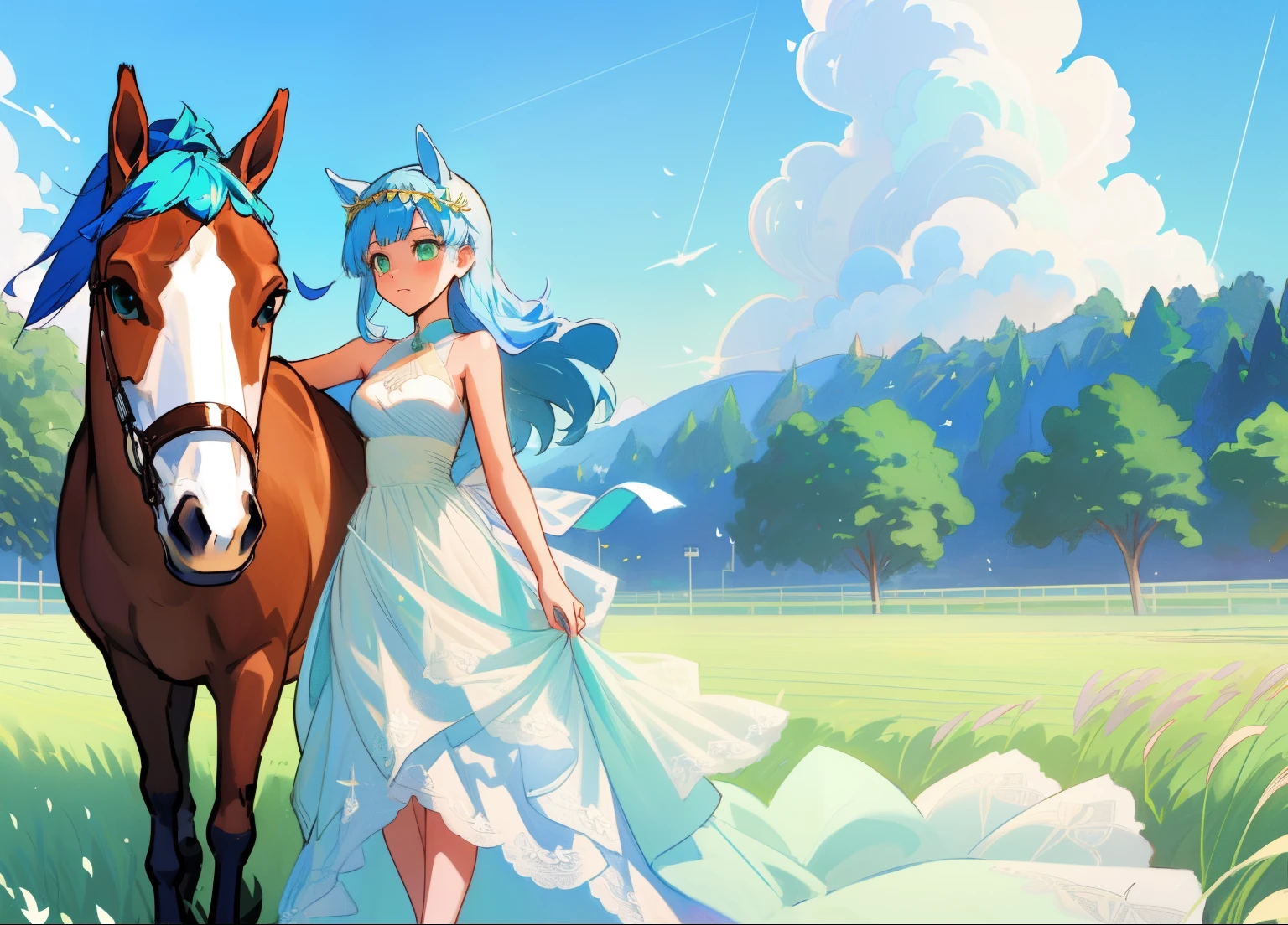 ((masutepiece, Best Quality)),(Illustration),(detailedlight),((extremely delicate and beautiful)),1girl in,Godolphin Arabic,Long hair,Blue hair,Green eyes,Horse ears,Horse Girl,hair_ornament detached,White Dress, Bare shoulders, ,Sleeveless,evening gown,long-one-piece dress,Outdoors, light,Blue sky, Horizon, grass field, Wild