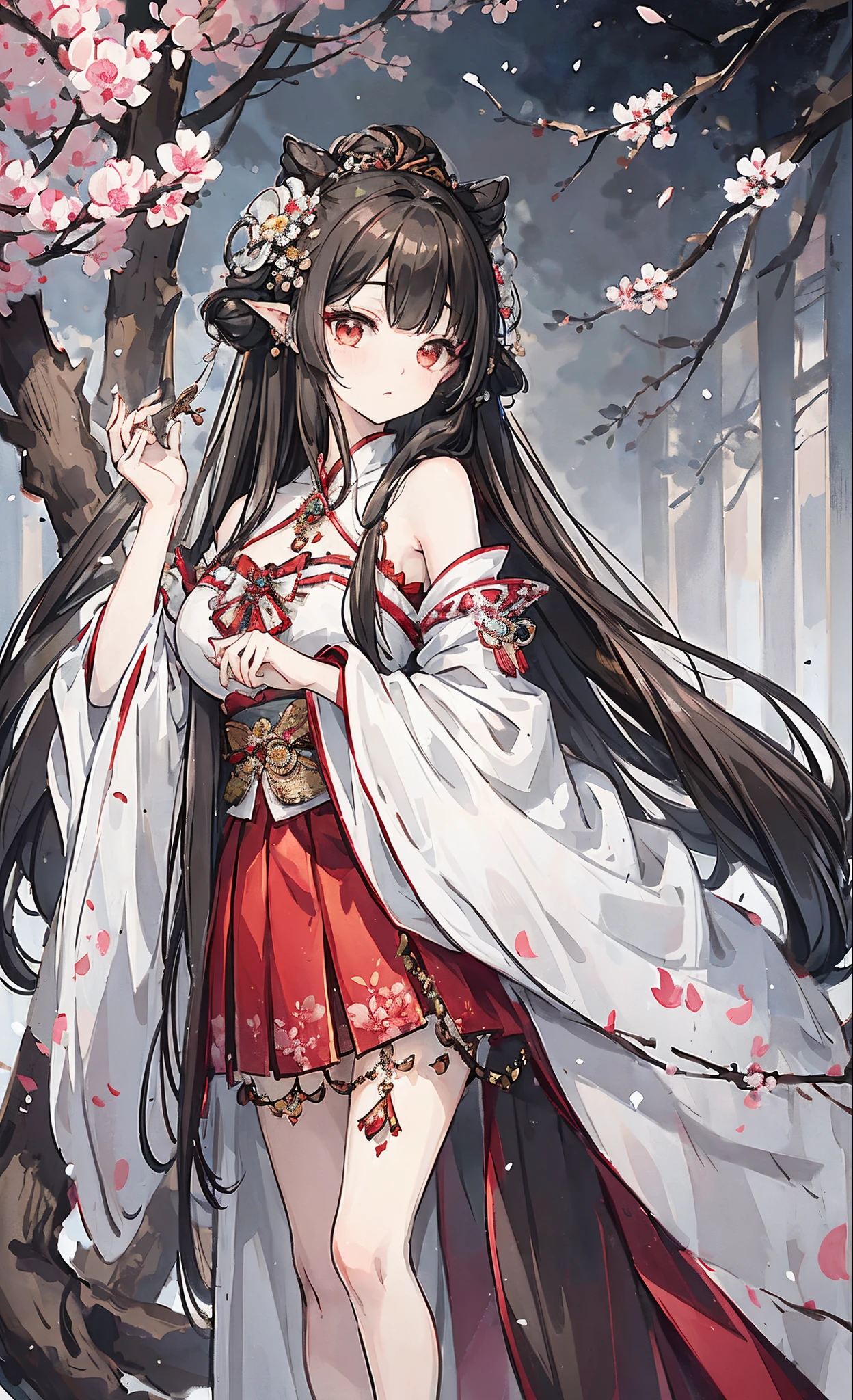 (tmasterpiece:1.2),Atdan, 1 plump girl, Alone, Branch, Blooming flowers, jewely, a skirt, ear nipple ring, that tree, through bangs, Long gray hair, hair adornments, view the viewer, Chinese clothes, black hair color hair, hairflower, Brown hair, exposed bare shoulders, Very long hair, Wide sleeves, longer sleeves