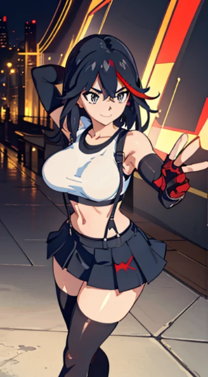 best quality, ultra-detailed, high resolution, extremely detailed CG, unity 8k wallpaper, super detailed skin, detailed, dynamic lighting, beautiful detailed eyes, kill la kill, ryuko matoi, defTifa, red crop top, elbow pad, fingerless gloves, suspenders, very short pleated miniskirt, red boots, bar counter, showing panties, dynamic pose, grey eyes, serious, smile, fighting stance, sparring,