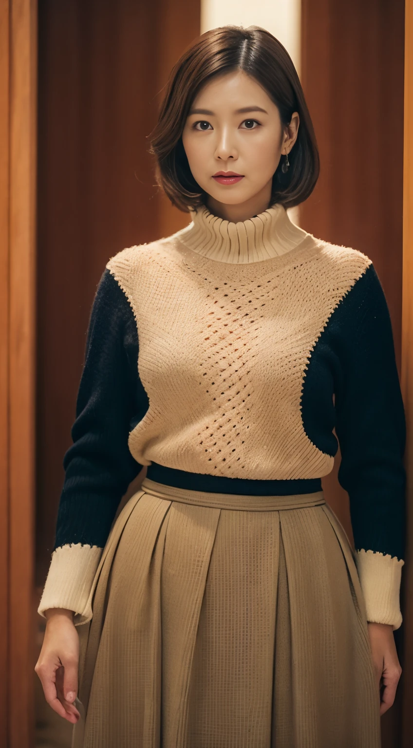 hight resolution, high-level image quality, high detailing, Textured skin, tre anatomically correct, sharp, Classroom, (((japanese mature, 49 years old, governess, chubby figure))), ((Wrinkles on the face)), well-shaped small breasts, Straight light brown hair that reaches to the shoulders, Faint lips, (((Stand upright, facing the center of the screen.))), closes mouth, Unfocused eyes, Looking at Viewer, Sweaters, skirt by the, cowboy shot,
