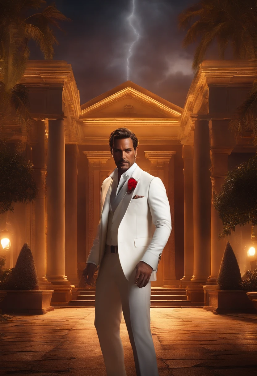 Thriller, Stormy, dressed in a white suit、A mysterious agent with a scar on his face,It can disappear from the minimap for a few seconds, A mansion full of traps and enemies from Free Fire, 16k, Dark