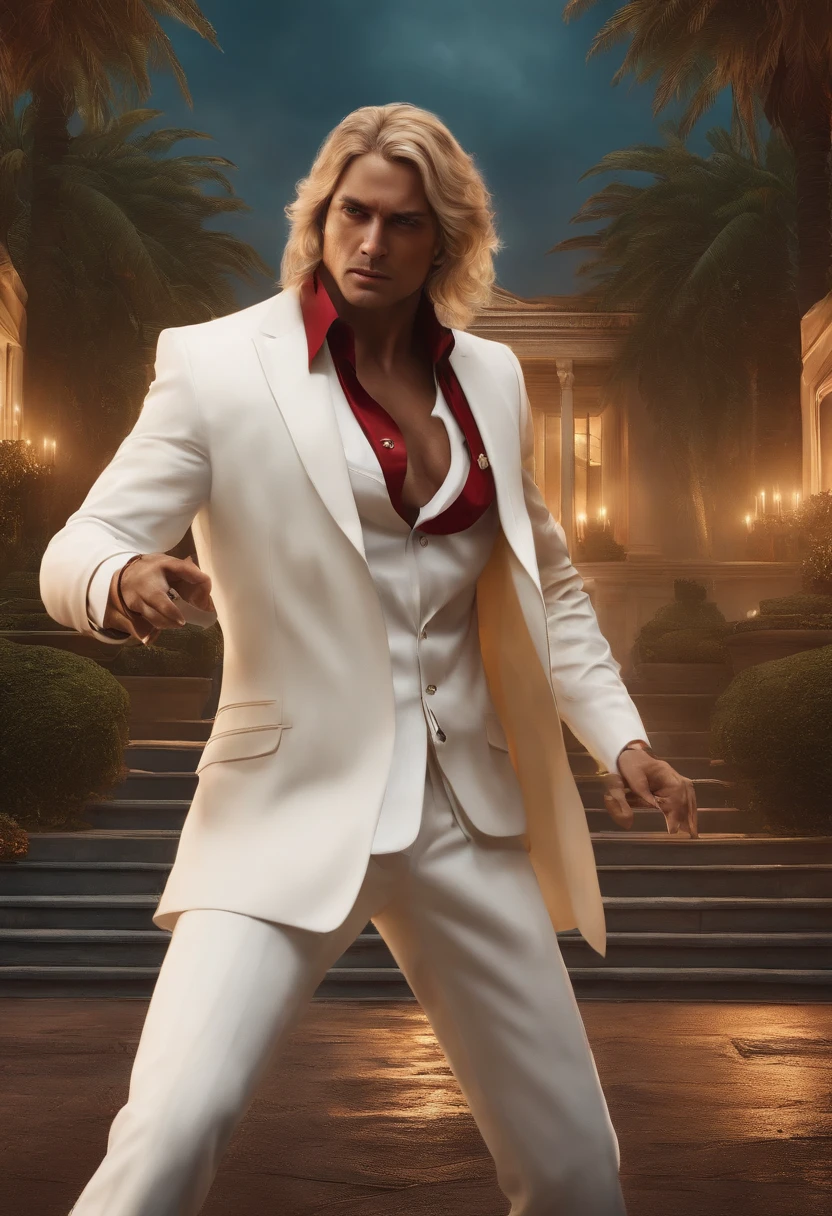 Thriller, Stormy, dressed in a white suit、A mysterious agent with a scar on his face,It can disappear from the minimap for a few seconds, A mansion full of traps and enemies from Free Fire, 16k, Dark