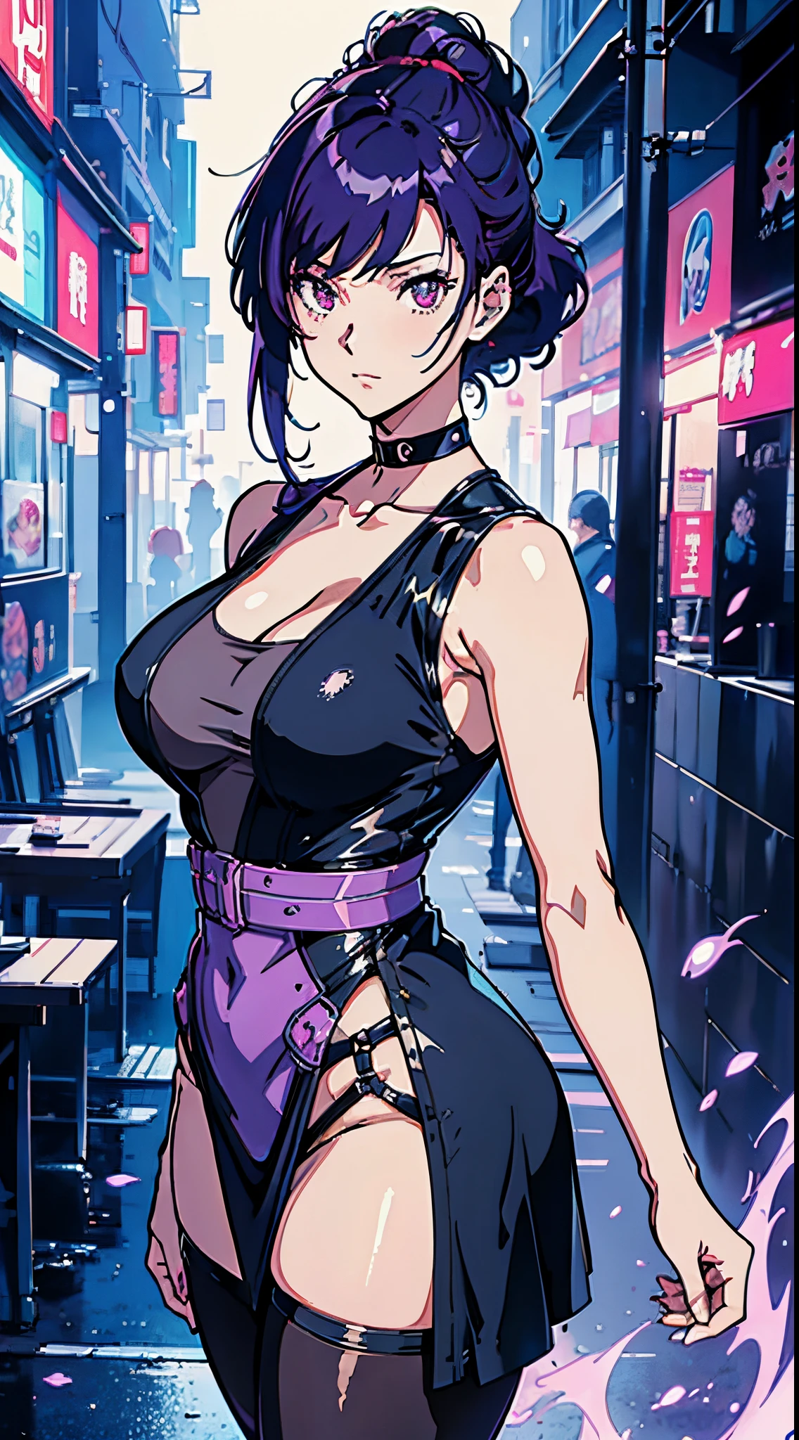 kusanagi motoko, Purple colored hair, red eyes,Anime style woman wearing black tights， anime《Fantasma na Concha》Curly, kusanagi, Misato Katsuragi, Inspired by Morikage Hisumi, anime, Fantasma na Concha, Ghost in the Shell style,seductive anime girls, Anime cute art style, smooth anime cg art, thicc, Anime girl wearing black dress, photorealistic anime girl rendering, ECCHI anime style, realistic anime 3D style, attractive anime girls, noire moody scene, [ 4K digital art ]!!