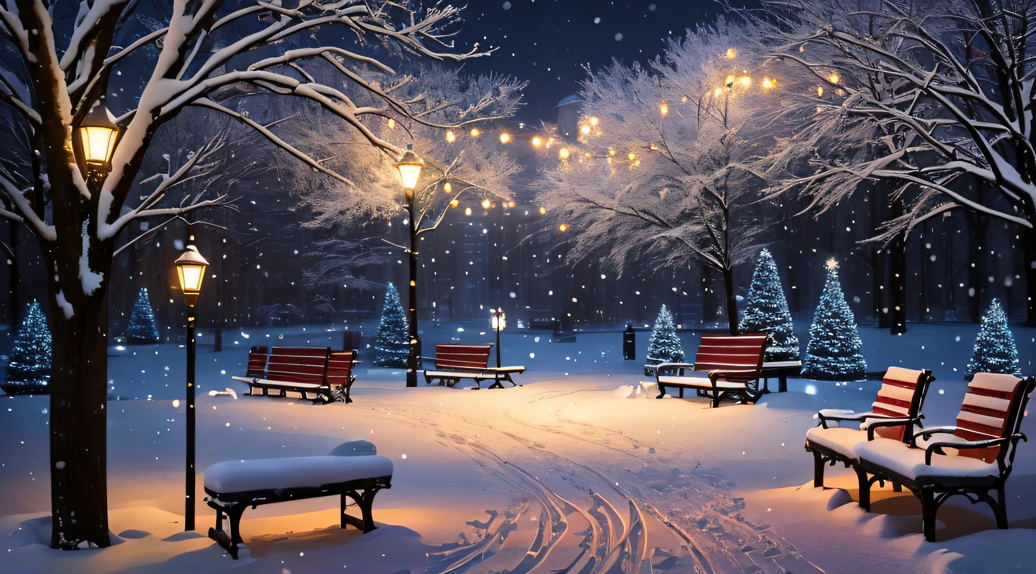 snowy night scene with benches and lights in a park, snowy night, snowy winter christmas night, beautiful winter area, winter park background, snowfall at night, snowy winter scene, winter concept art, winter night, winter setting, snowy environment, winter scene fantasy, snow scene, beautiful detailed scene, snowy winter, beautiful wallpaper, winter in the snow, glowing snow