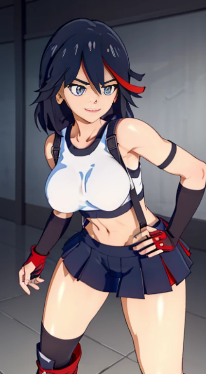 best quality, ultra-detailed, high resolution, extremely detailed CG, unity 8k wallpaper, super detailed skin, detailed, dynamic lighting, beautiful detailed eyes, kill la kill, ryuko matoi, defTifa, red crop top, elbow pad, fingerless gloves, suspenders, very short pleated miniskirt, red boots, bar counter, dynamic pose, grey eyes, serious, smile, fighting stance, sparring,