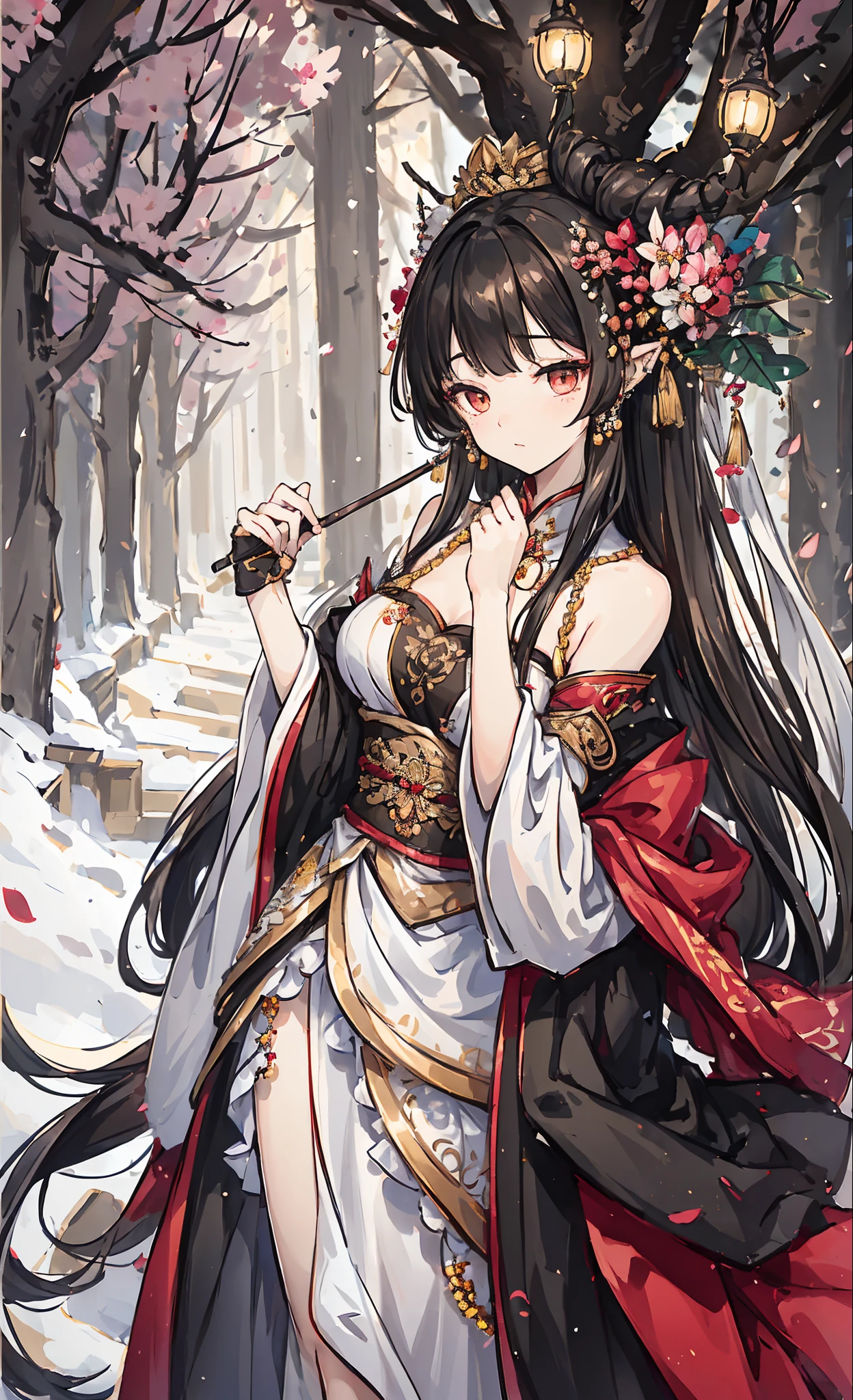 (tmasterpiece:1.2),Atdan, 1 plump girl, Alone, Branch, flowers blooming, jewely, a skirt, ear nipple ring, that tree, through bangs, Long gray hair, hair adornments, view the viewer, Chinese clothes, black hair color hair, hairflower, Brown hair, exposed bare shoulders, Very long hair, Wide sleeves, longer sleeves