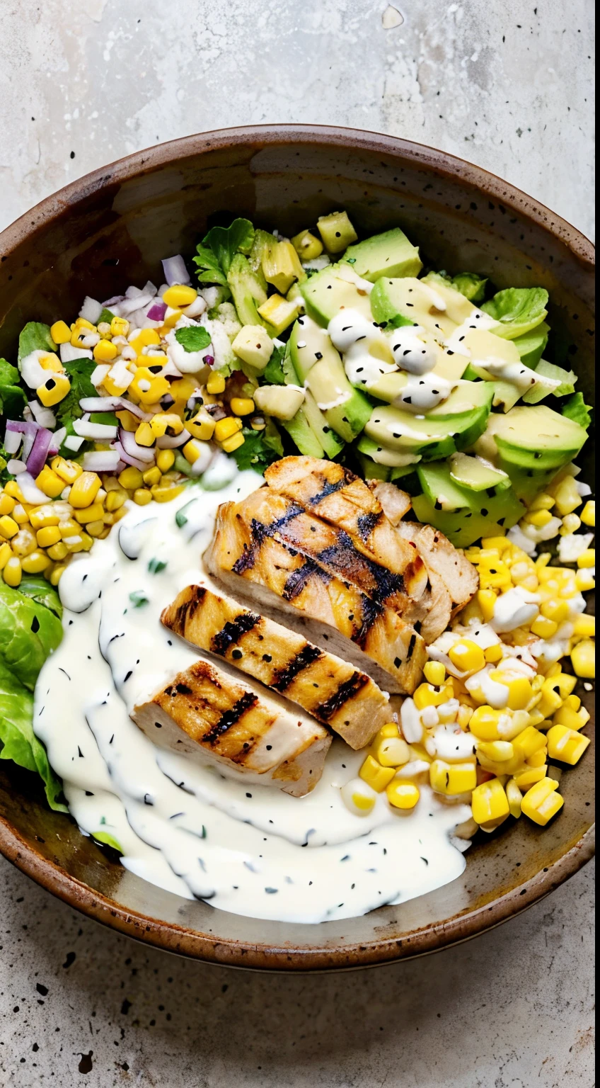 In a large bowl, place lettuce as a base.
Add the grilled chicken, avocado, tomato, corn and onion on top. Drizzle with yogurt sauce.
Mix gently before serving.
Nutritional Benefits:
