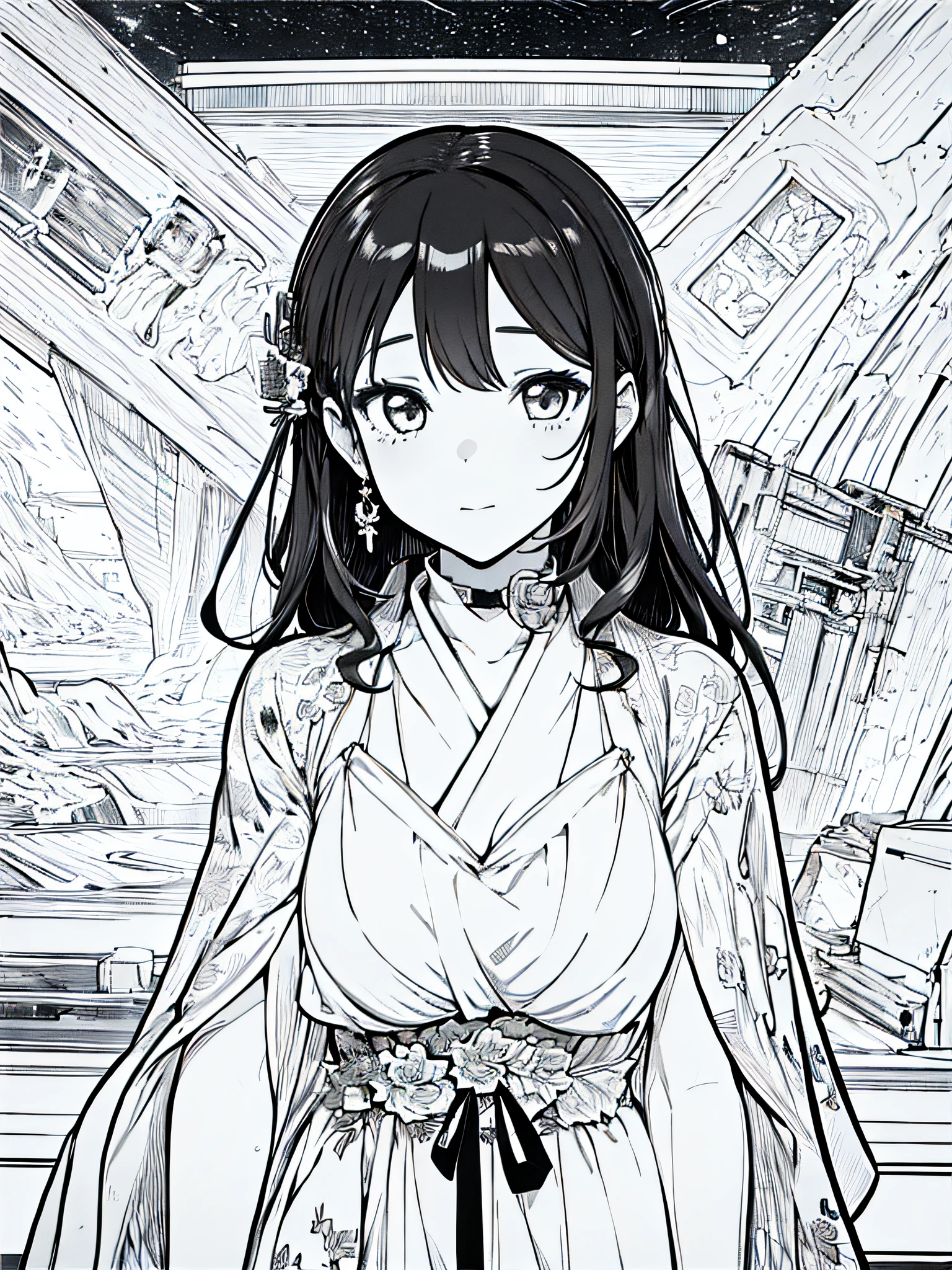 black and white manga style, Highly Detailed, Masterpiece, Hyper detailed, Illustration, (1 girl, 32 years old japanese woman figure), (himeko), in the space station, cinematic shot, ((manga, manga style, black and white))