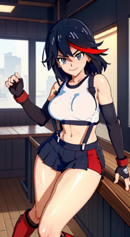 best quality, ultra-detailed, high resolution, extremely detailed CG, unity 8k wallpaper, super detailed skin, detailed, dynamic lighting, beautiful detailed eyes, kill la kill, ryuko matoi, defTifa, red crop top, elbow pad, fingerless gloves, suspenders, very short pleated miniskirt, red boots, bar counter, showing panties, dynamic pose, grey eyes, serious, smile, fighting stance, sparring,