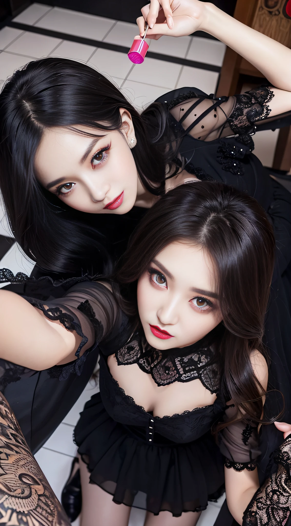 Ultra-detailed、Fascinating beauty、Dainty woman、Cool Girl、Wavy Hair、Black chiffon dress、Wide sleeves、flered skirt、Evil Female Executive、Evil Fall、brainwash、lacy fabric、Glossy legs、lipsticks、Evil look、Suspicious look、Hollow eyes、wicked、Reaching out、Over Head Shot、selfy、stand up、Two people