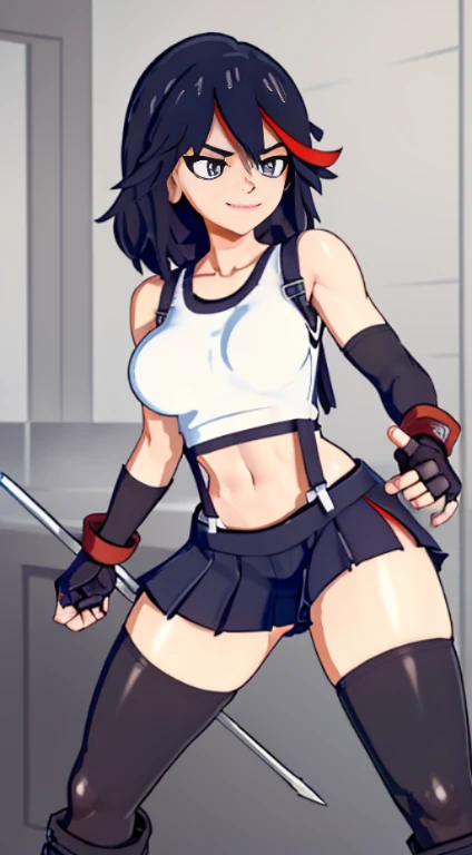 best quality, ultra-detailed, high resolution, extremely detailed CG, unity 8k wallpaper, super detailed skin, detailed, dynamic lighting, beautiful detailed eyes, kill la kill, ryuko matoi, defTifa, red crop top, elbow pad, fingerless gloves, suspenders, very short pleated miniskirt, red boots, bar counter, showing panties, dynamic pose, grey eyes, serious, smile, fighting stance, sparring,