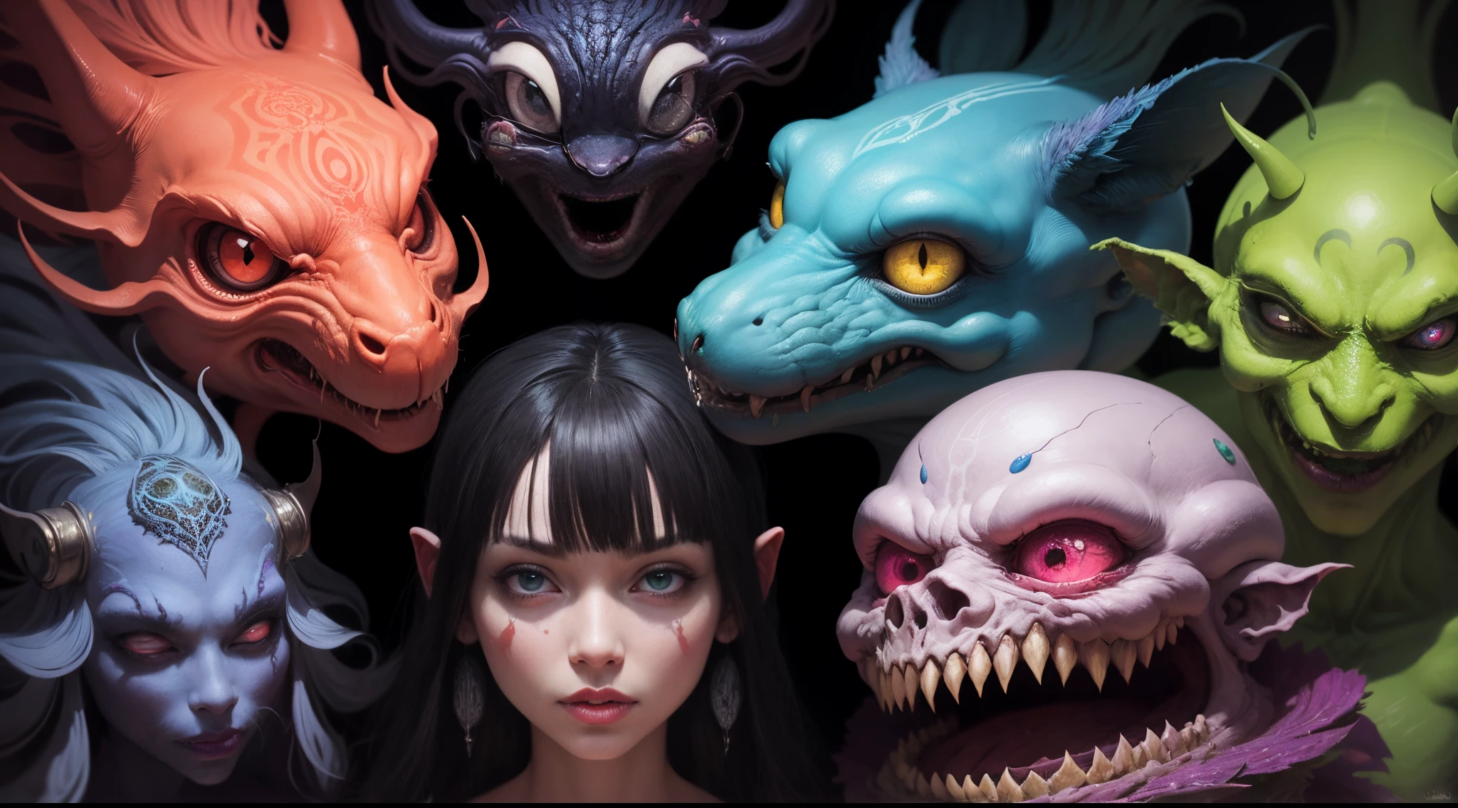 a painting of a group of colorful monsters with faces, an ultrafine detailed painting by Android Jones, reddit, psychedelic art, shamanic horror lsd art, psychedelic acid trip, psychedelic trip, shamanic dmt horror art, psychedelic art style, android jones and chris dyer, maximalism digital art, lsd trip, trippy art, psychedelic artwork, chris dyer
