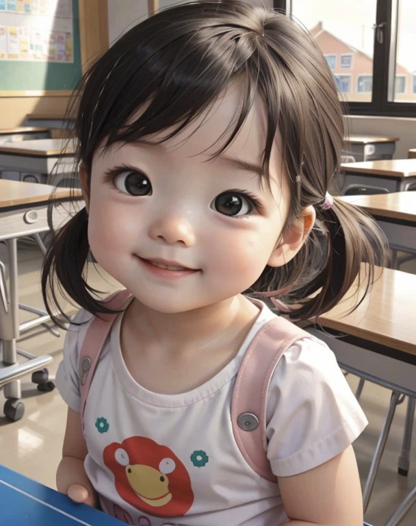 Better quality, 1个Giant Breast Girl, 's face, ssmile, The beautiful, play at school