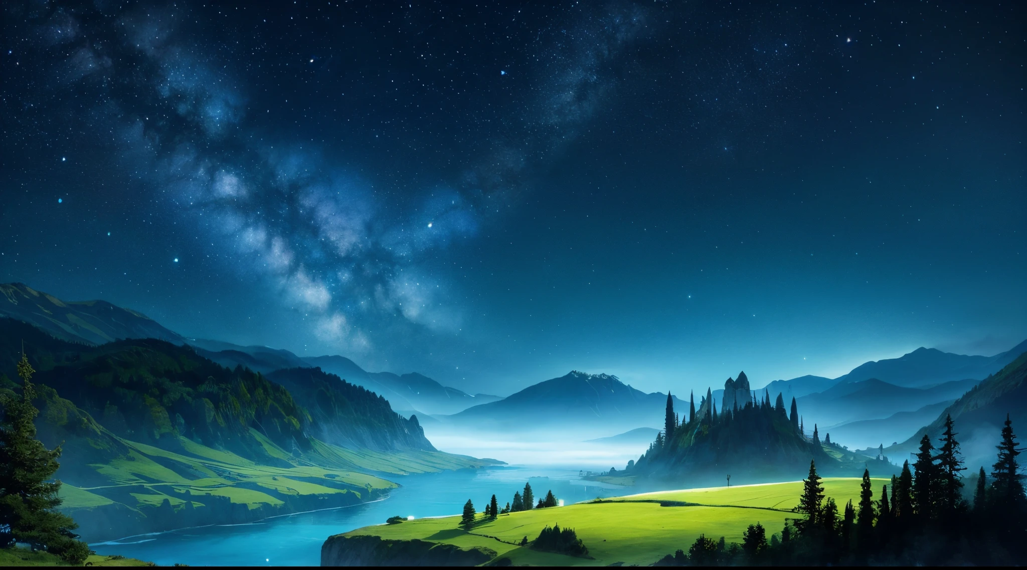 Describe a kingdom with a starry night sky over the kingdom of Eldrion, where the stars twinkle in different colors. Imagine lush, mystical forests, where trees have vibrant colors and emit a soft bioluminescence. Include magical creatures, as dancing fairies, that inhabit the clearings and bring life to the landscape. Describe towering mountains shrouded in magical fog, hiding ancient mysteries. Explore fantastic valleys, like the Floralion Valley, where magical flowers bloom in abundance. Illustrate rivers and lakes with waters that reflect the glow of stars, giving them mystical properties. Adicione detalhes de magia na paisagem, como runas flutuantes, magical portals or sources of energy that permeate the realm.