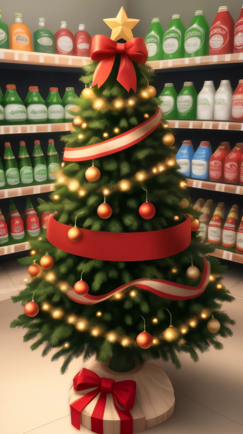 Draw a very realistic Christmas tree that is made with Jarritos brand soft drinks with gifts at the bottom and all this inside a grocery business called Casa Vargas