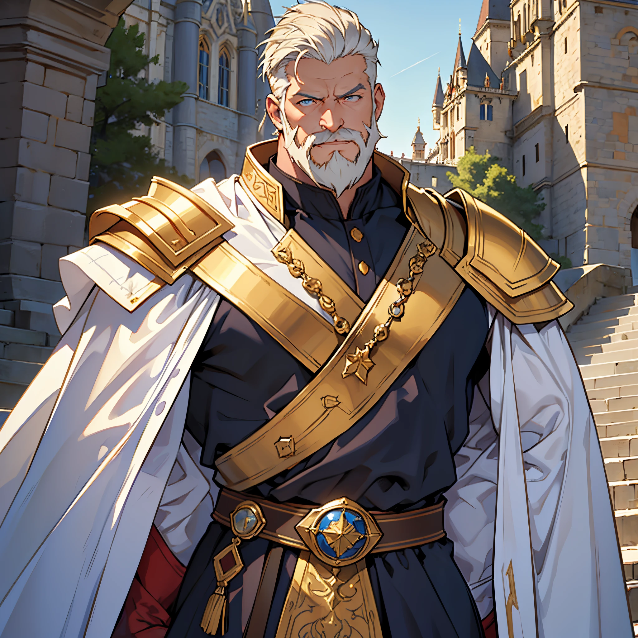 masterpiece, Best Quality, 4k, Very detailed, Close-up of a person'Upper body body, Background with:In front of the stairs of a medieval castle built on a lake, A large old emperor wearing golden armor and a white cloak..., Very short male hair with pomade, trimmed beard, Blue Eyes