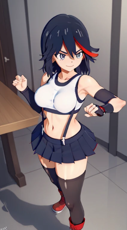 best quality, ultra-detailed, high resolution, extremely detailed CG, unity 8k wallpaper, super detailed skin, detailed, dynamic lighting, beautiful detailed eyes, kill la kill, ryuko matoi, defTifa, red crop top, elbow pad, fingerless gloves, suspenders, very short pleated miniskirt, red boots, bar counter, showing panties, dynamic pose, grey eyes, serious, smile, fighting stance, sparring,