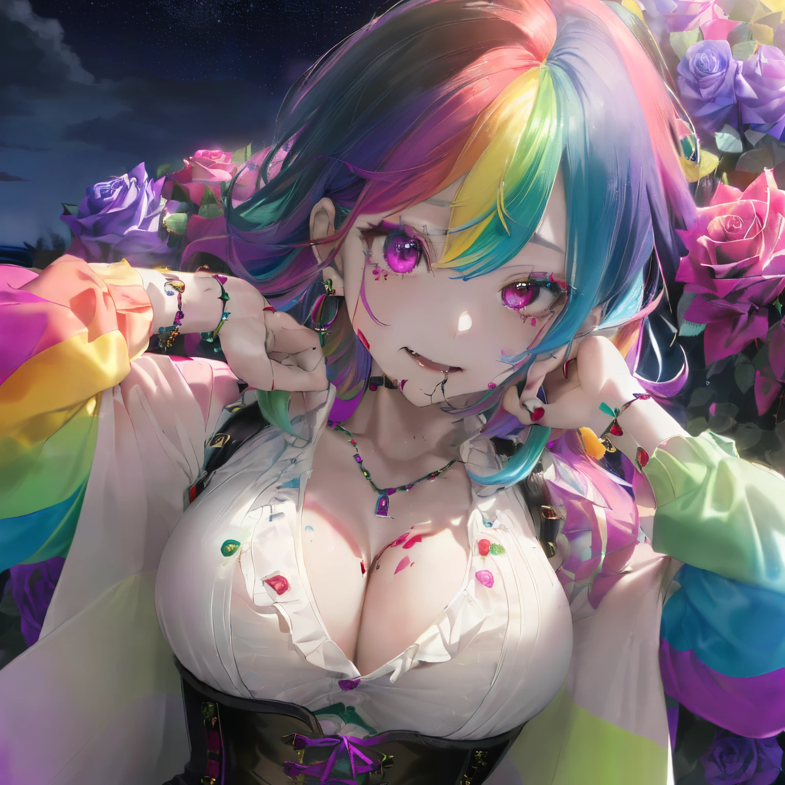 ((Colorful rainbow-colored hair that is a mixture of various colors)),((Curled hair)),(Bewitching smile),((Eyes with a colorful mixture of colors)),(balloon sleeve long sleeve clothes),(plaid long sleeve tops),((colorful long vest),((Shining corset with sequins)),((pov from down)),Slight red tide,((I put my hands on my face and scratch it)),((looking at me、she dressed boldly.)),((Covered with rainbow colorful roses))(Vampires),((long fangs)),blood stains on the mouth,(((close up of face))),((Collars and necklaces decorated with roses)),(Rainbow-colored oversized moonlit night),((Late night outdoor)),(The whole thing is enveloped in a faint light),((breast closeup)),