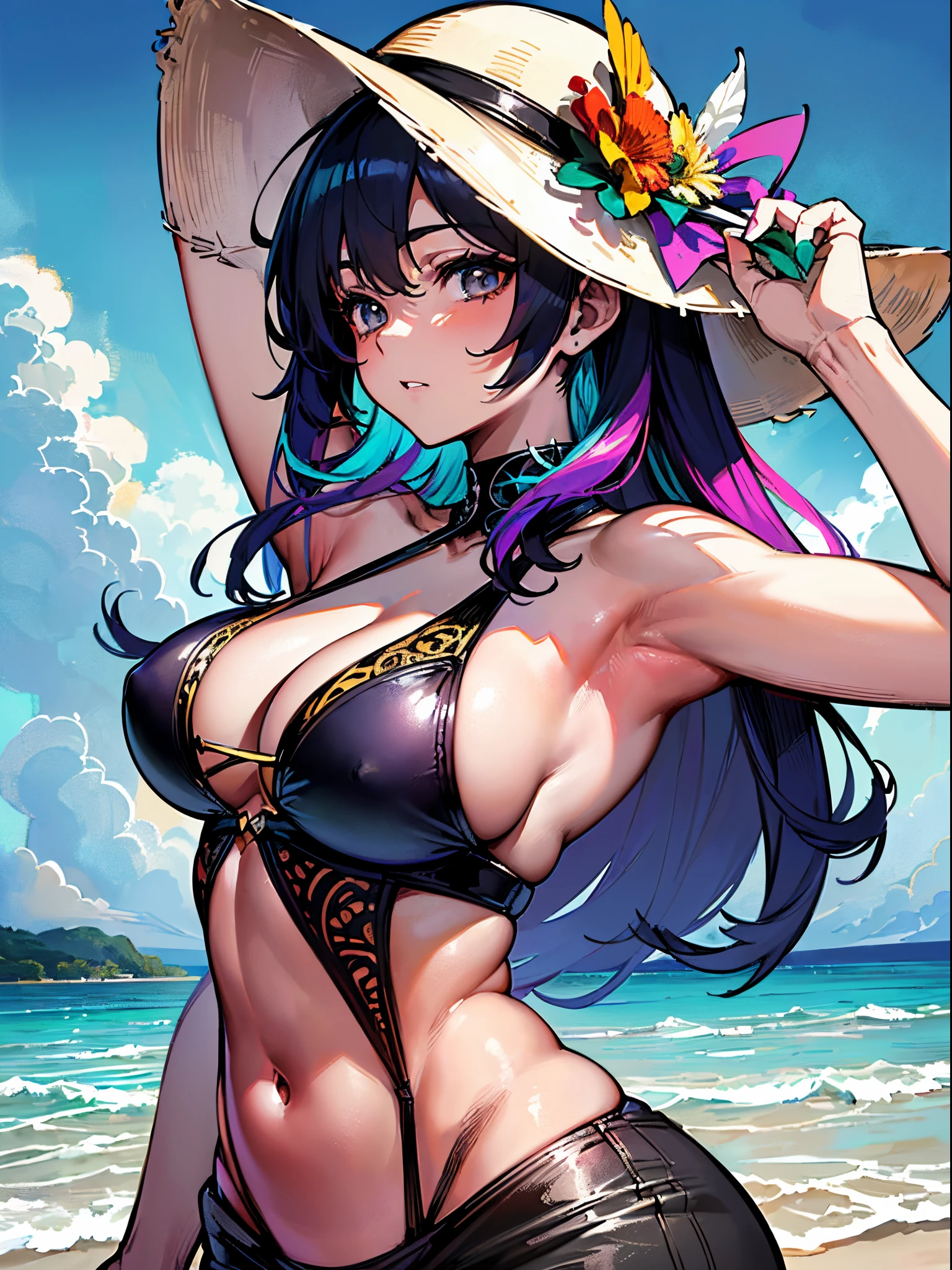 ((Finest quality)),(超A high resolution),(ultra-detailliert),(Meticulous portrayal),((Best Anime)),(Finest works of art),(Ultra-Precision Art),(The art of astounding depiction,Overwhelming depiction:1.5),(intricate and detailed art:1.6), (1 adult female:1.5),Bikini type swimsuit:1.8,(colourful hair:1.6),Clear facial features:1.5,Slender Body 1.8, (A beach that stretches far into the distance:1.8),hot wind:1.3,Strong sunshine:1.3