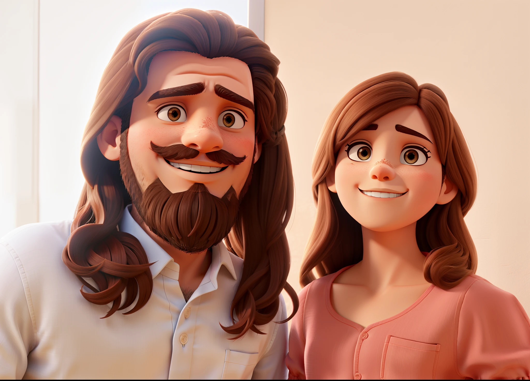 homem com olhos pequenos com barba marrom, com sua amiga,da cor parda, vindo de um casamento, alta qualidade, best quality