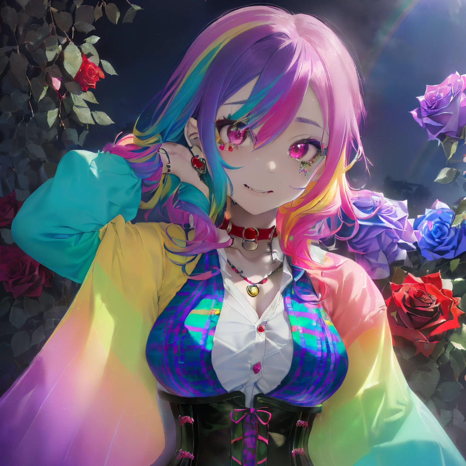 ((appearance々Colorful rainbow hair with a mixture of colors)),((Curled Hair)),(Bewitching smile),((Eyes with a mixture of colorful colors)),(balloon sleeve long sleeve clothing),(plaid long sleeve tops),((colorful long vest),((Shining corset with sequins)),((pov from down)),Slight red tide,((I put my hand on my face and scratch it)),((looking at me、she dressed boldly.)),((Covered with rainbow colorful roses))(Vampires),((long fangs)),blood stains on the mouth,(((close up of face))),((Collars and necklaces decorated with roses)),(Rainbow-colored oversized moonlit night),((Late night outdoor)),(The whole thing is enveloped in a faint light),((breast closeup)),