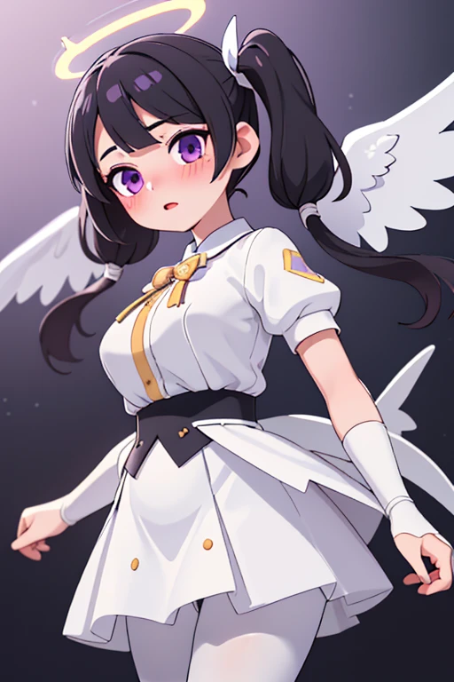 white skirt,black hair, twintails, white skirt, white pantyhose, 8K, masterpiece,detailed halo,16 years old highly detailed face,medium breast,solid circle eyes,wing on the waist,purple eyes,god ray,detailed shading,depth of field, shame, blush, maternity mark
