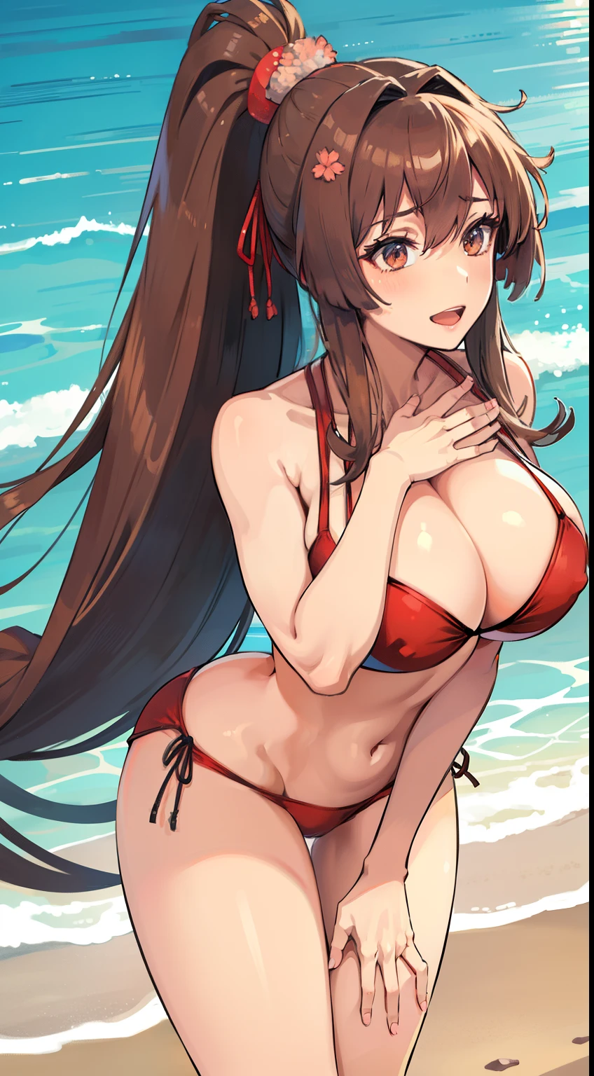 Open mouth, A MILF,Large breasts,wide hips,ponytail,brown hair,brown eyes,Solo,red micro bikini,resort beach,cowboy shot,bent over